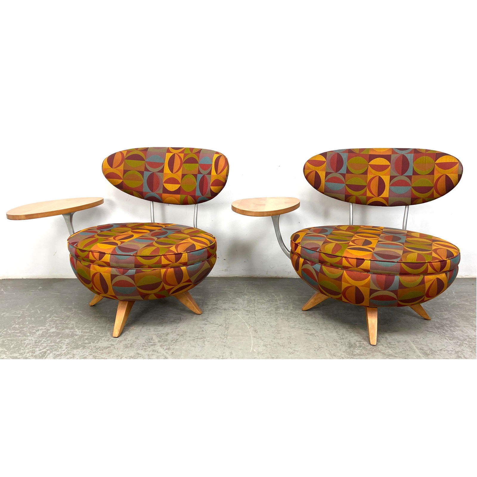 Pair Galerkin Design, Art Deco style Swivel Chairs with Side?Tables attached. Unsigned. (1 of 20)