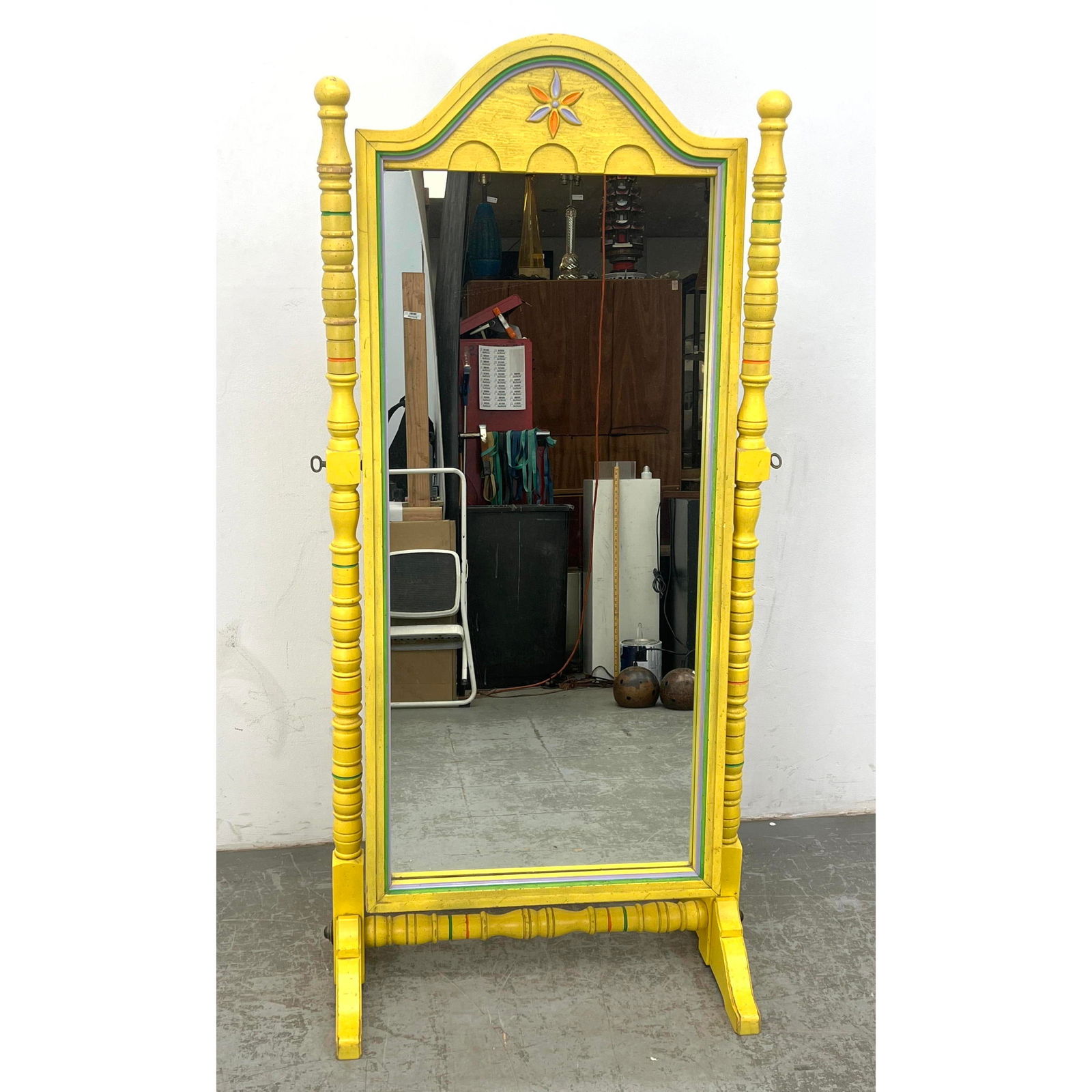 Vintage Yellow Cheval Floor Mirror Carved Wood. 70's mod. (1 of 17)