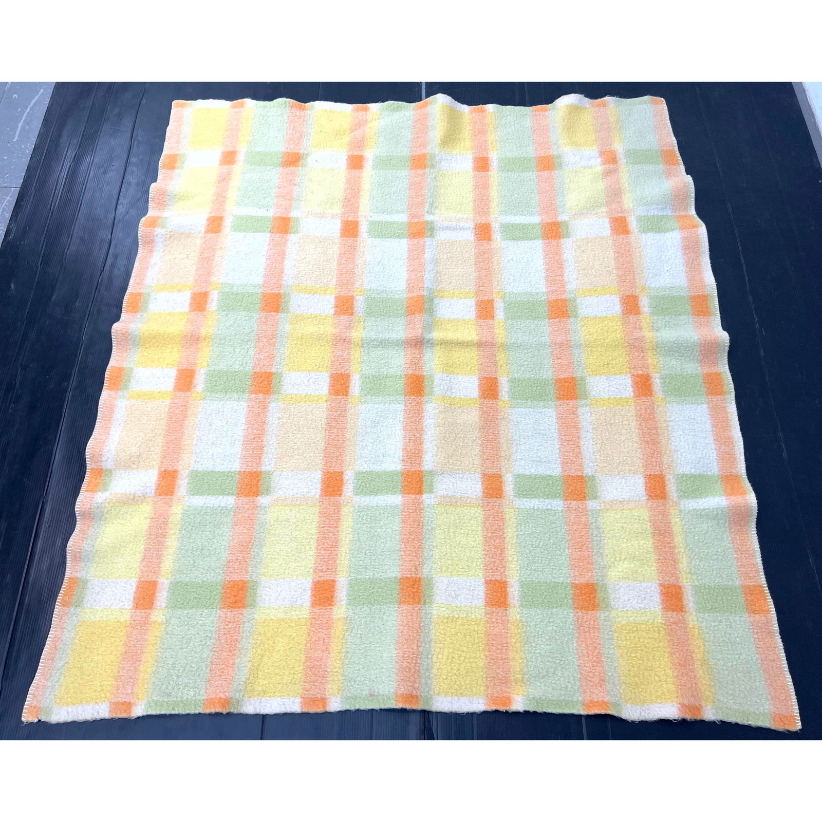 Unmarked Vintage Blanket. Possibly 100% Wool Dutch Blanket. Reversible; Green, Yellow, Orange and Wh (1 of 10)