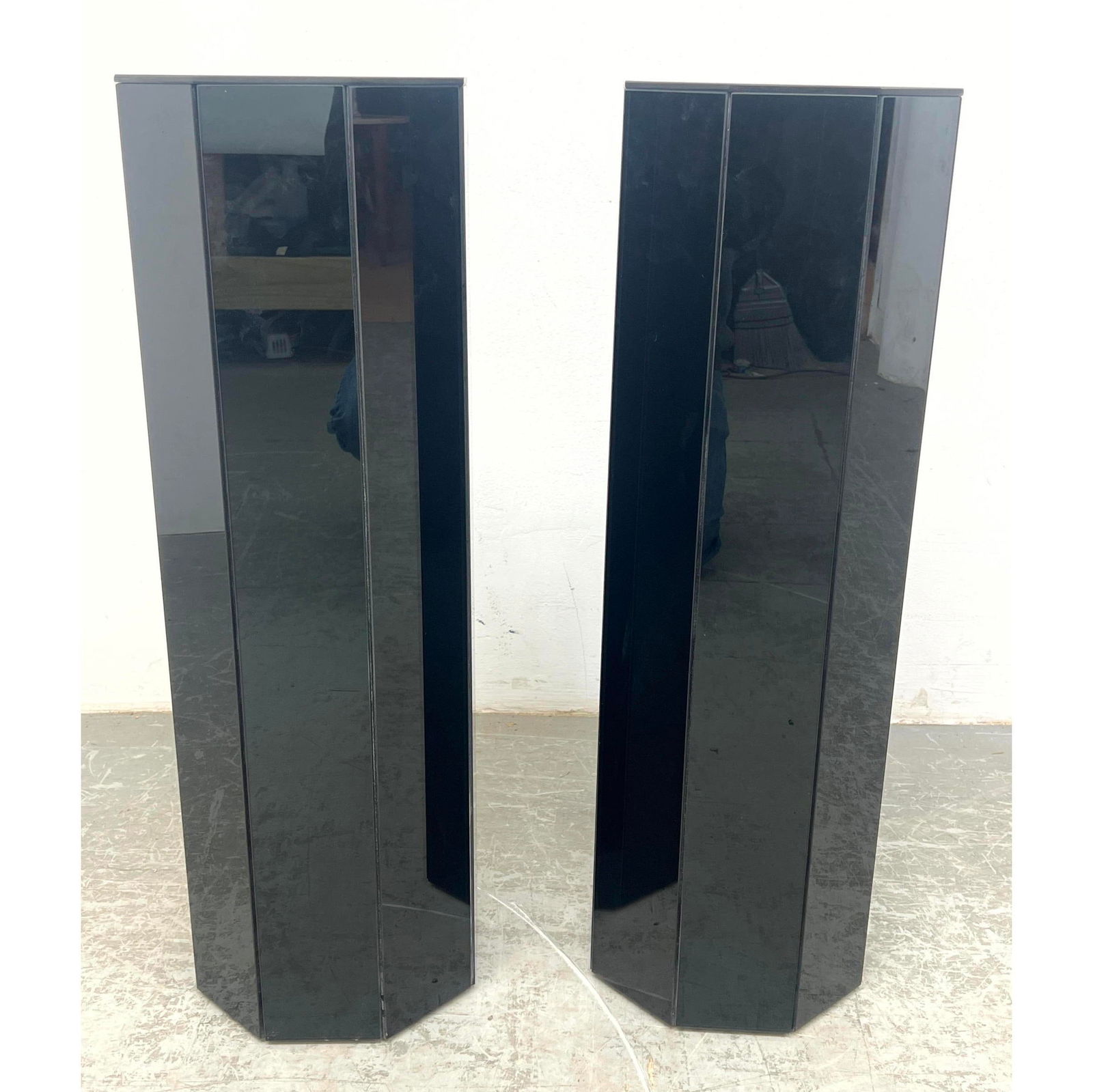 Pr Octagonal Black Glass Mirror Display Pedestals. Modernist Sculpture Display. (1 of 12)