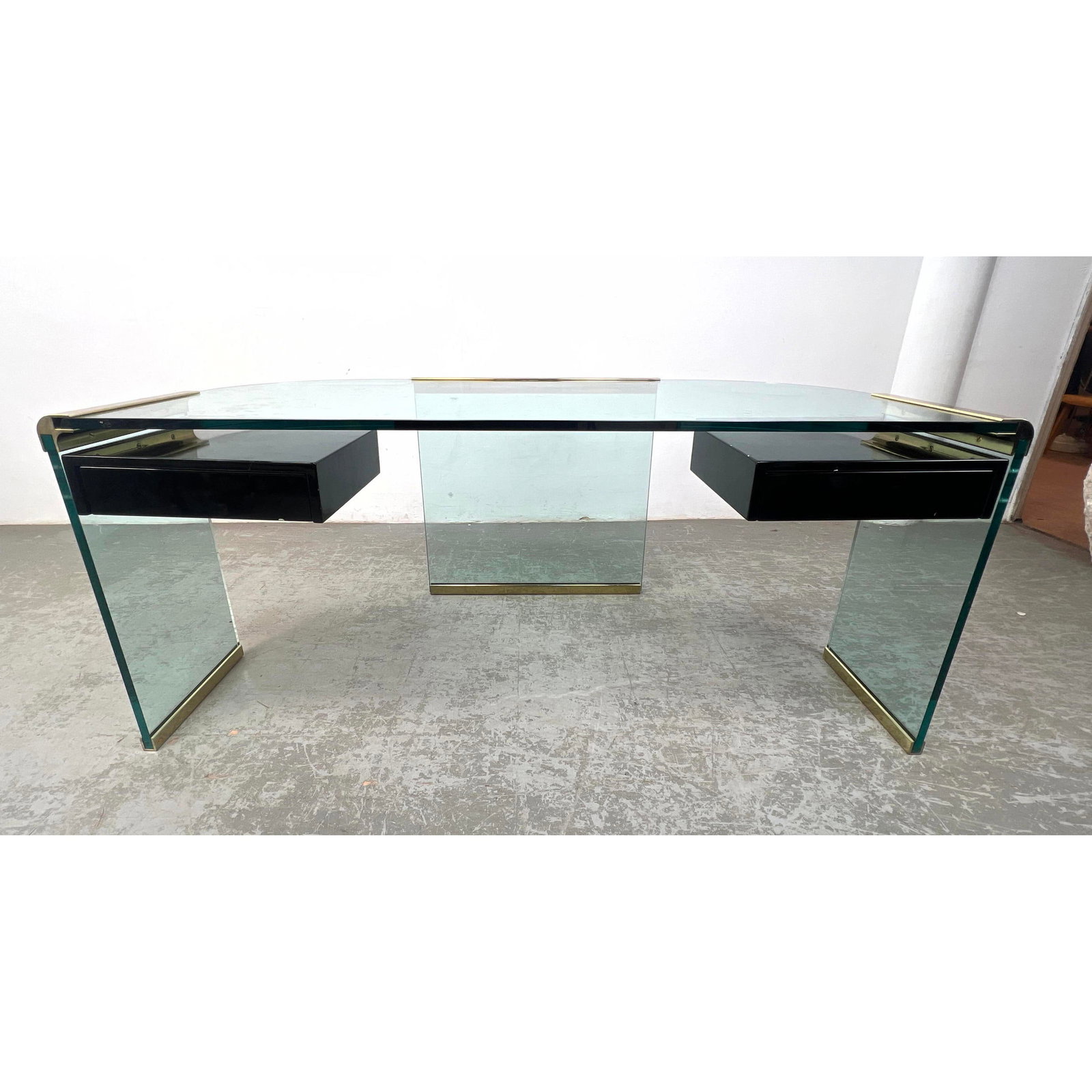 LEON ROSEN for PACE Collection Modernist Glass Desk. Heavy Brass Connector Joint Elements. Black Lac (1 of 13)