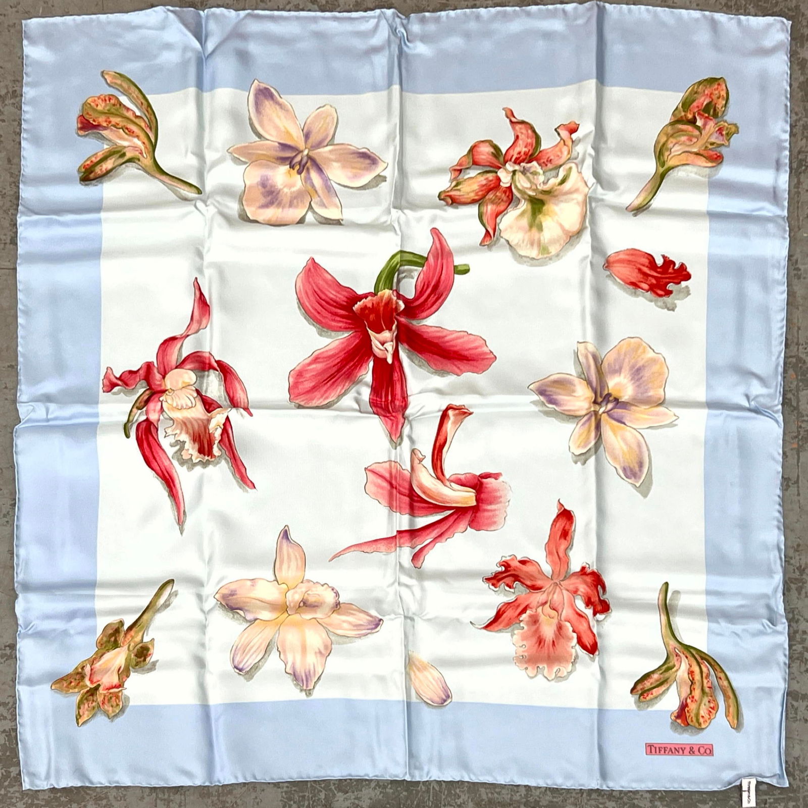 Tiffany and company silk scarf in TIFFANY and Co Box. Orchids.: Tiffany and company silk scarf in TIFFANY and Co Box. Orchids. Dimensions: Height: 33 inches, Width: 33 inches. --- US Packing and Shipping charge: In house shipping available. Will be calculated once