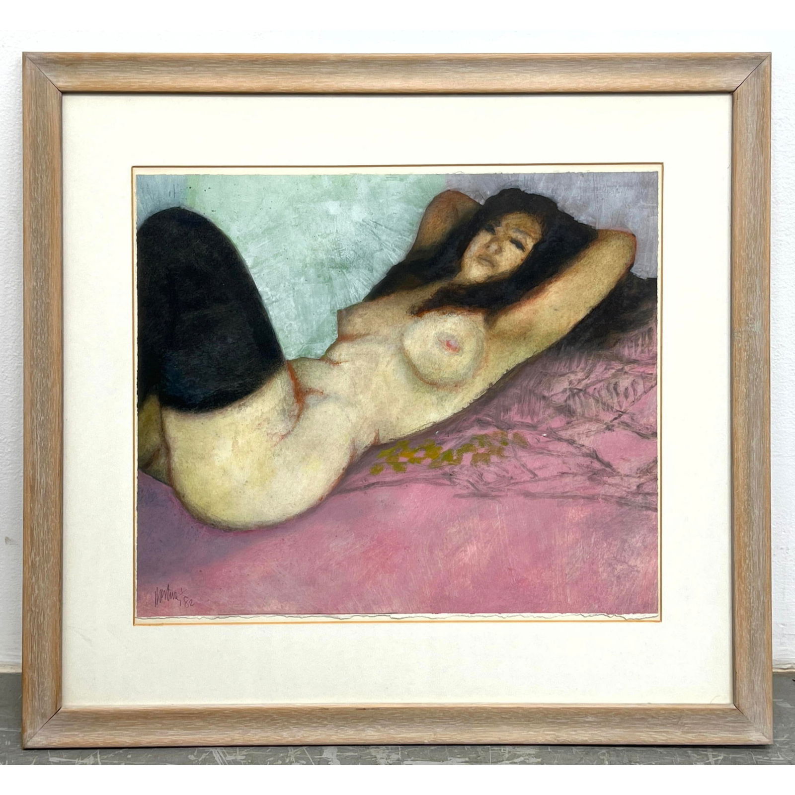 Douglas Portway pastel Female Nude. Reclining female with Black stockings. Signed and dated 82.: Douglas Portway pastel Female Nude. Reclining female with Black stockings. Signed and dated 82. Dimensions: Frame Height: 28 inches, Frame Width: 31 inches. - Image Size: Image Height: 18.5 inches, Im