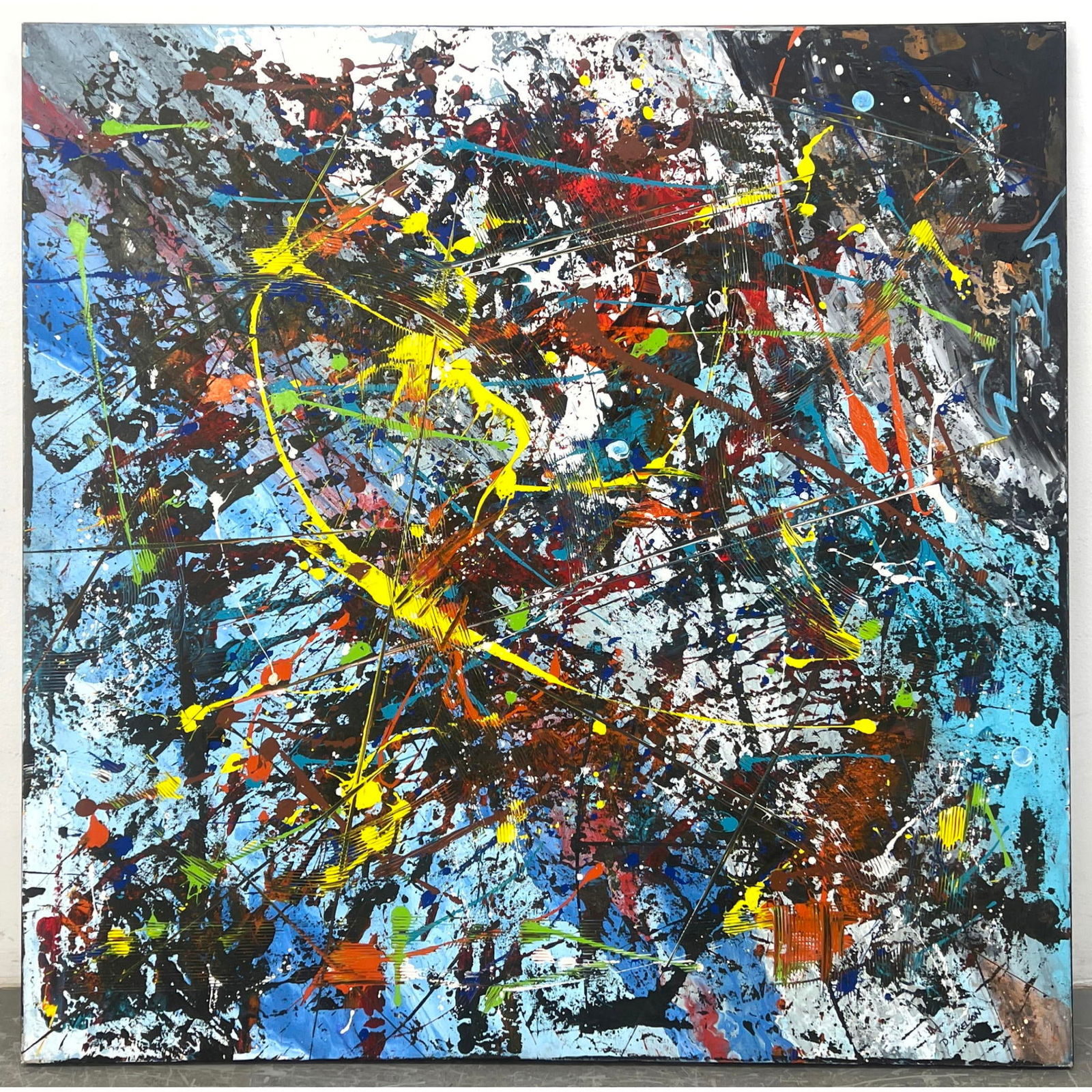 Large DENNIS SAKELSON Drip Splatter Abstract Painting. Colorful Modernist. Signed. (1 of 11)