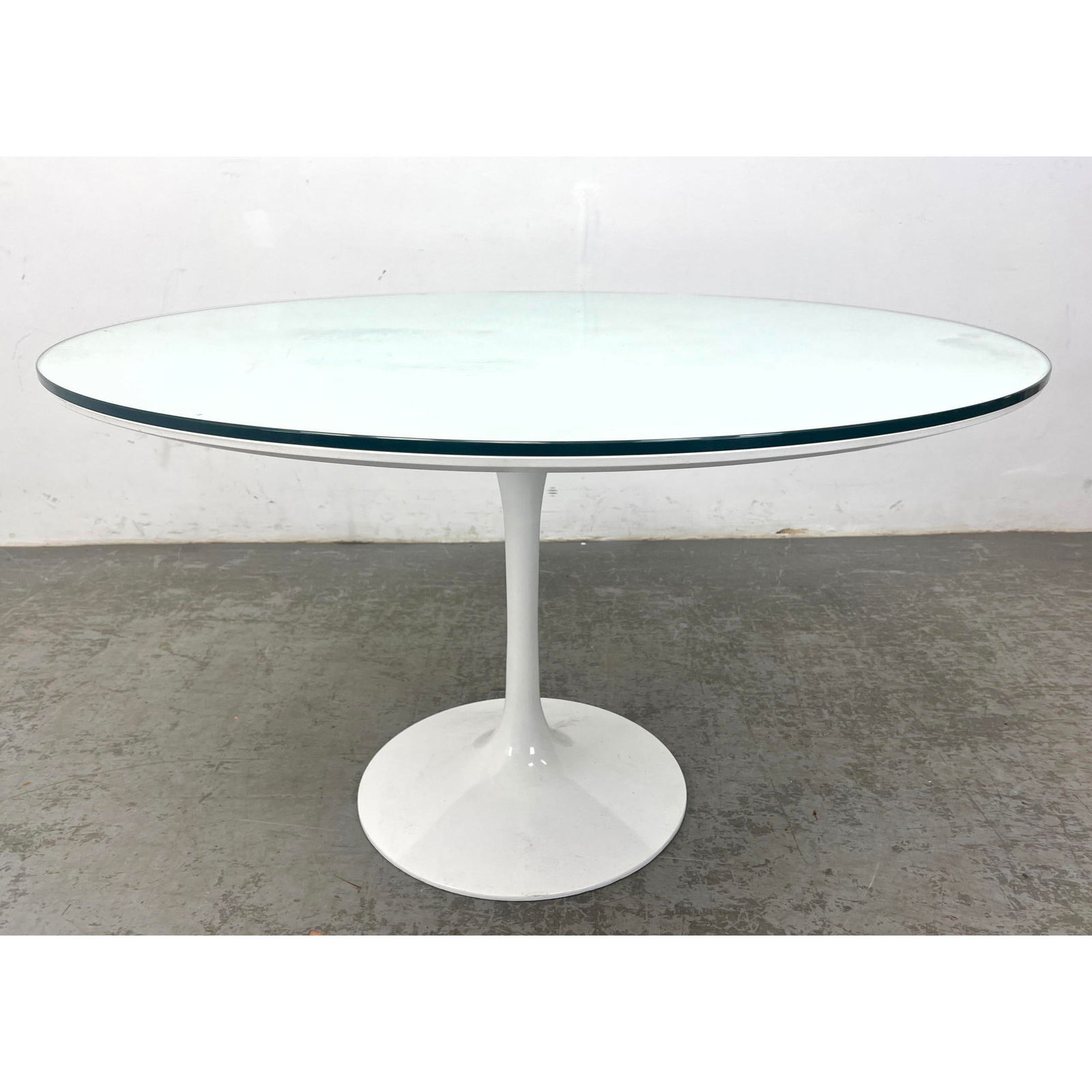 48" Round Tulip style Pedestal Base Dining Table. White Laminate Top.: 48" Round Tulip style Pedestal Base Dining Table. White Laminate Top. Dimensions: Height: 28 inches, Width: 48 inches, Depth: 48 inches. --- - We offer curbside delivery for most items to NYC, Manhatt