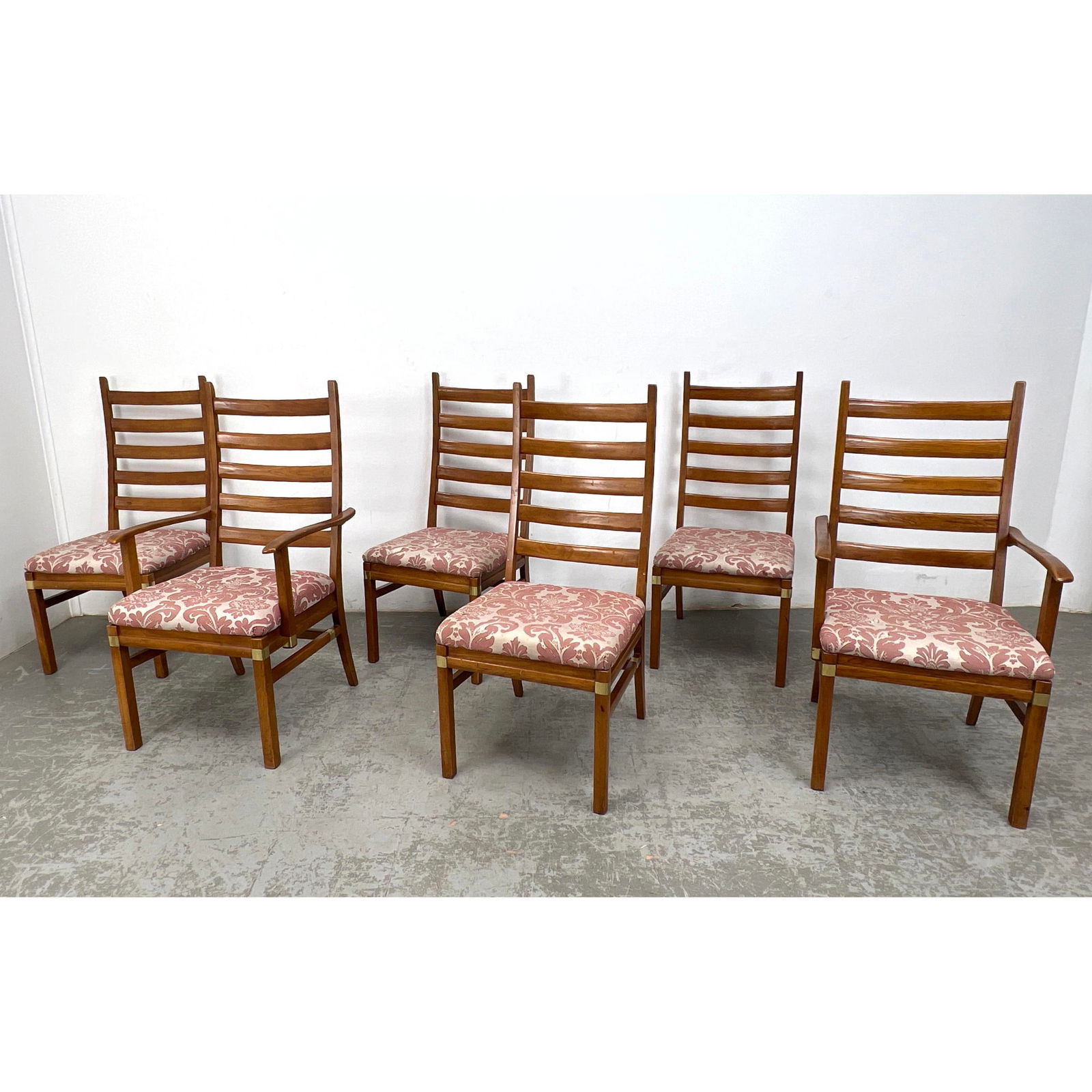 Set 6 Modernist Dining Chairs. Elegant Ladder Back style; Brass Cap Accents. Two Arms. Four Side Cha (1 of 20)