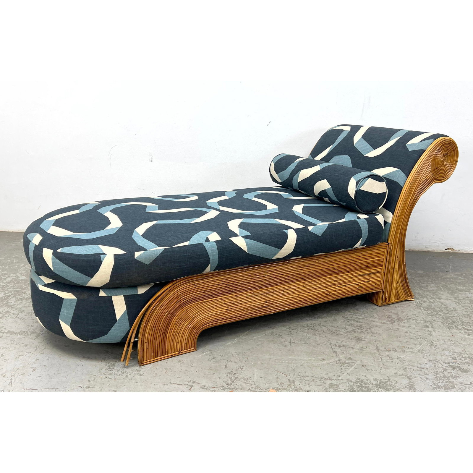Pencil Reed Chaise Lounge. Curved Lines. Graphic Upholstery and Bolster Pillow. (1 of 12)
