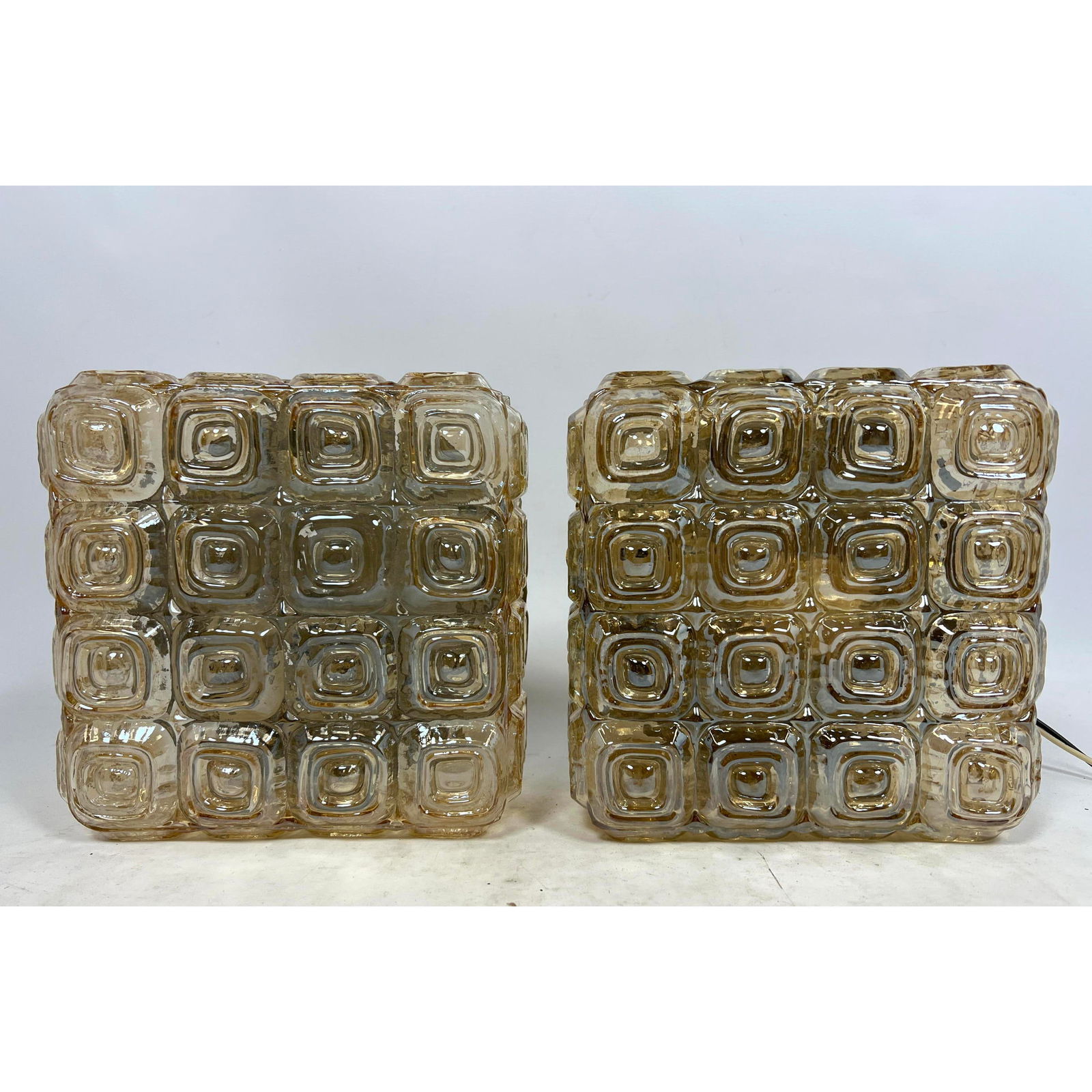 Pair Glass Wall Sconces.  Checkerboard Square within a square. Metal Wall Mount. Possibly German or (1 of 10)