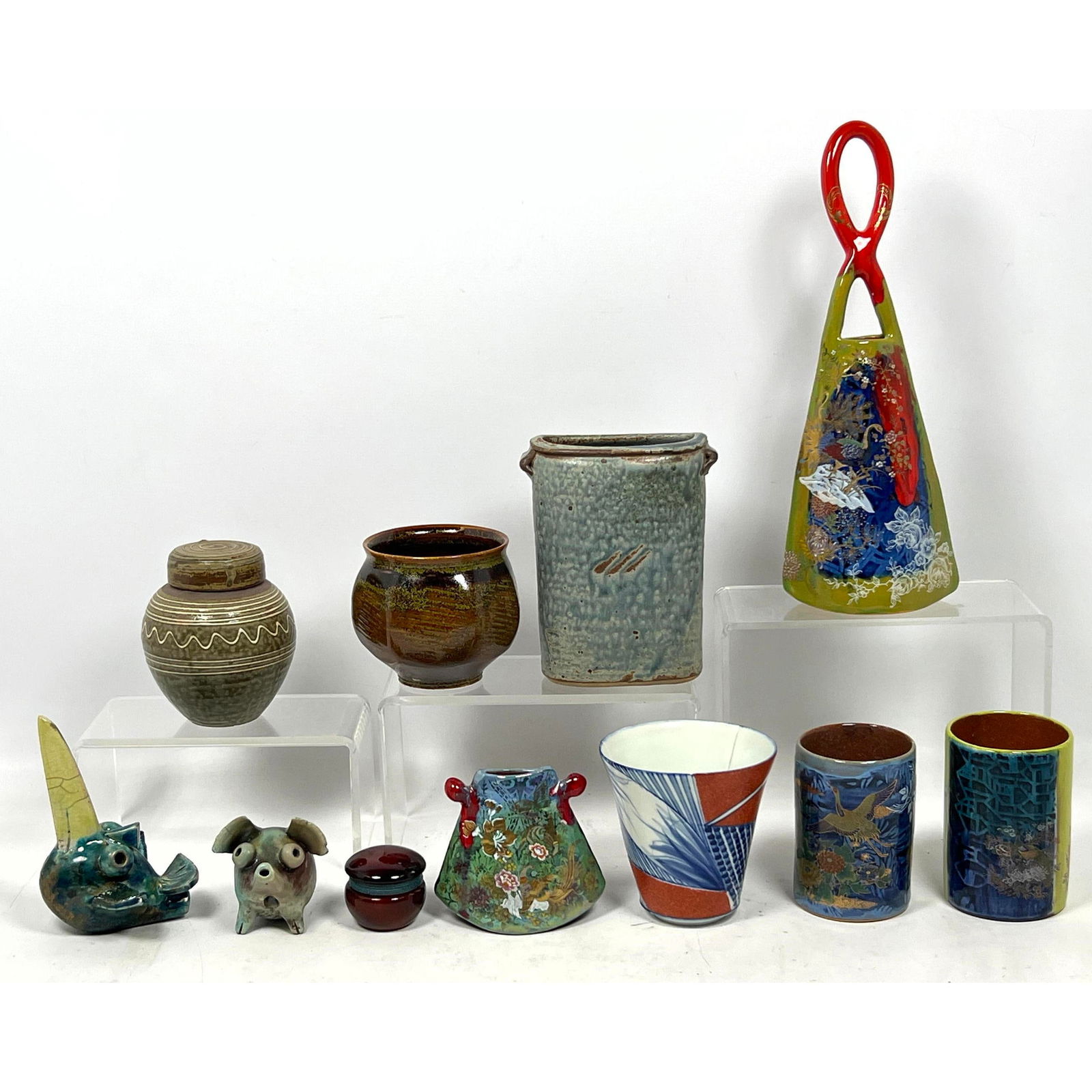 11pc Mostly Signed Ceramic Pottery Pieces. Vases, Tumblers, Figures. Some Marked HEESEUNG. 2 Fantasy (1 of 20)