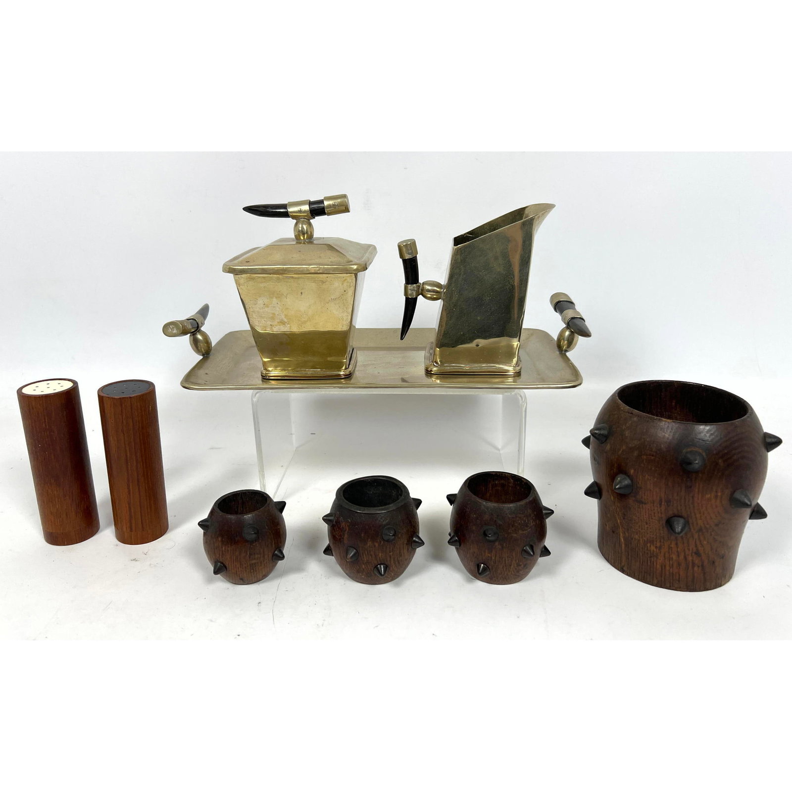 9pc Lot. Airedelsur Argentina Silver Alpaca and Horn Sugar Creamer Set, Digsmed Teak Salt and Peppe: 9pc Lot. Airedelsur Argentina Silver Alpaca and Horn Sugar Creamer Set, Digsmed Teak Salt and Pepper Shakers, and Decorative Moorish Wood Pieces Dimensions: Height: 4.25 inches, Width: 3 inches, Depth
