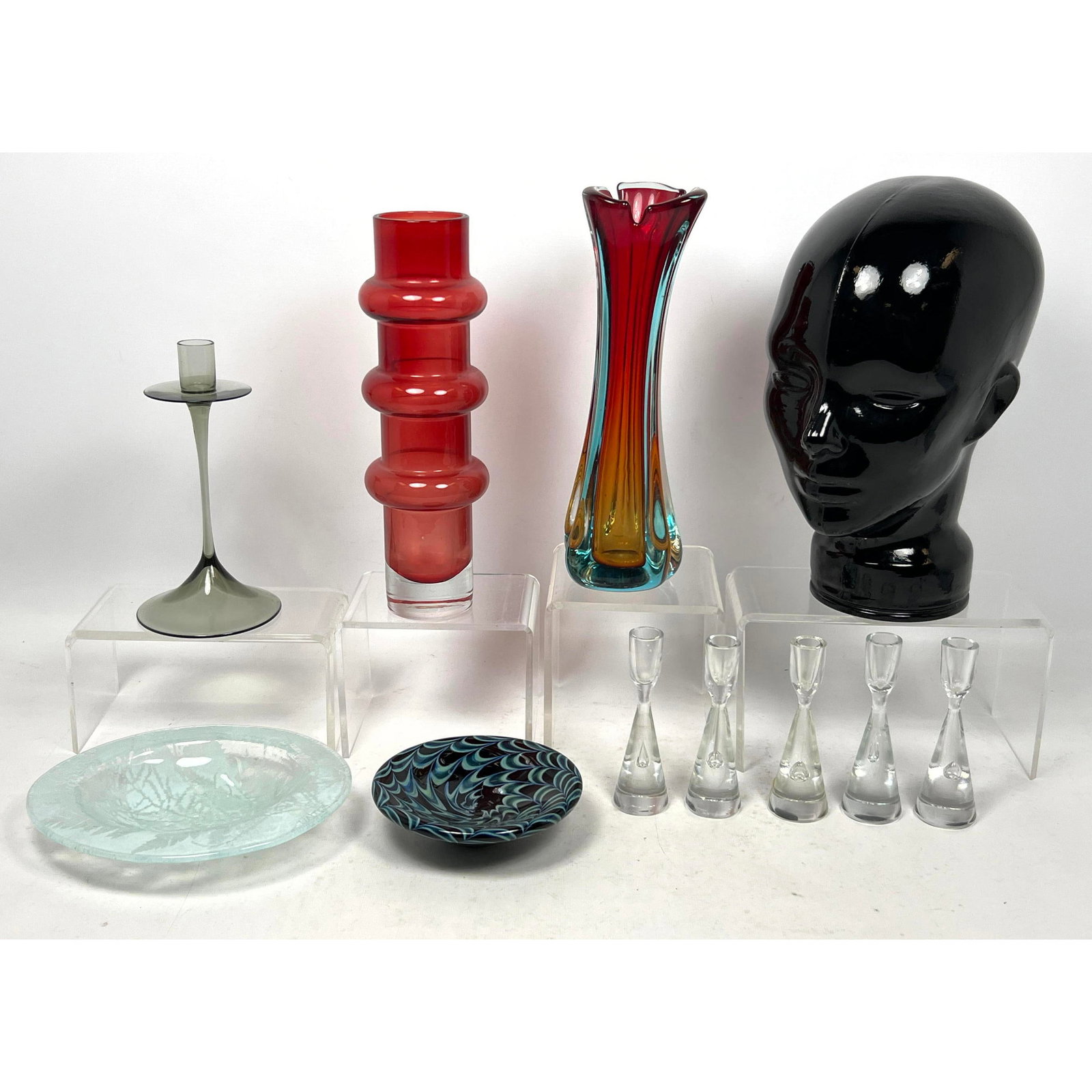 11pc Lot of Glass, Holmegaard Princess Candlesticks, Walter Fused Glass Organic Design Dish, Finnish: 11pc Lot of Glass, Holmegaard Princess Candlesticks, Walter Fused Glass Organic Design Dish, Finnish Vase, Black Glass Head, Signed Green and Black Dish Dimensions: Height: 11 inches, Width: 6 inches,