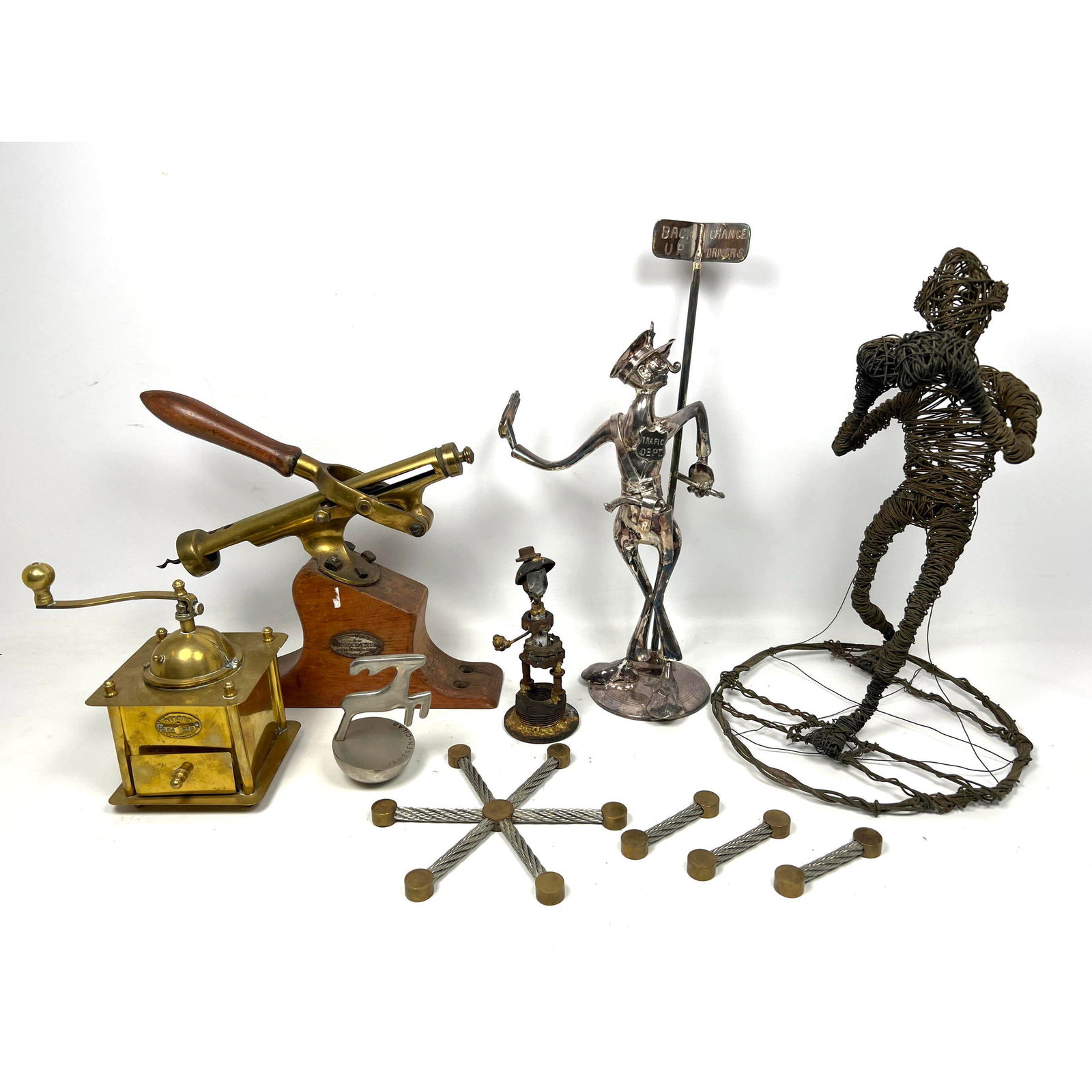 10pcs Collectable Objects. Mailman Sculpture, Wine Bottle Opener, Cable trivet, Wire Figure.: 10pcs Collectable Objects. Mailman Sculpture, Wine Bottle Opener, Cable trivet, Wire Figure. Dimensions: Height: 17 inches, Width: 11 inches, Depth: 11 inches. --- US Packing and Shipping charge: In h