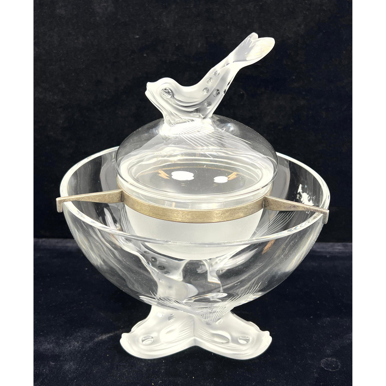 LALIQUE France Frosted Crystal IGOR Caviar Bowl. Figural Dolphin Finial. Engraved Mark. (1 of 11)