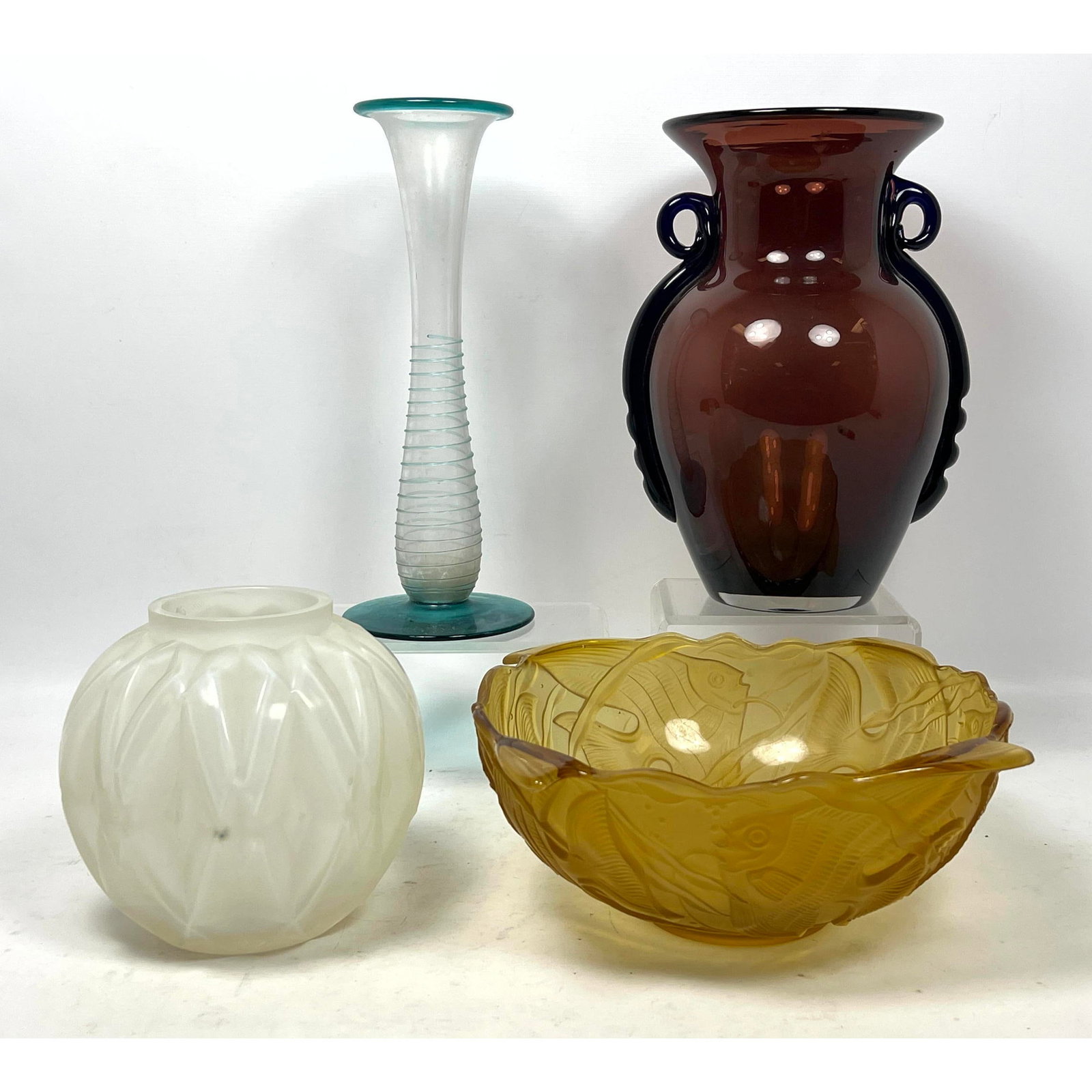 4pcs Art Glass.  Thread decorated vase, Blown glass handled vase, Fish bowl, Lalique style vase. (1 of 18)