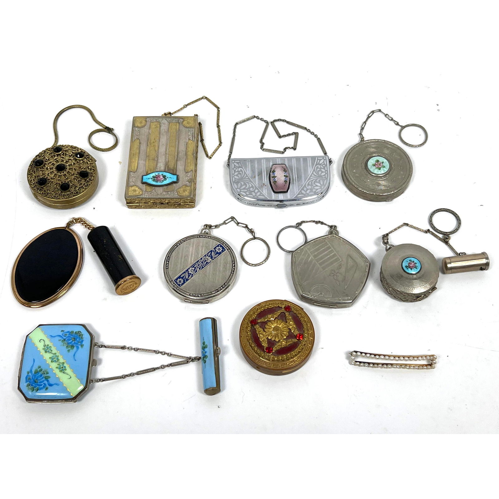 10pc Vintage Ladies Compacts, Lipstick Holders. Various metals. Some Porcelain. Some with Enamel Det (1 of 20)