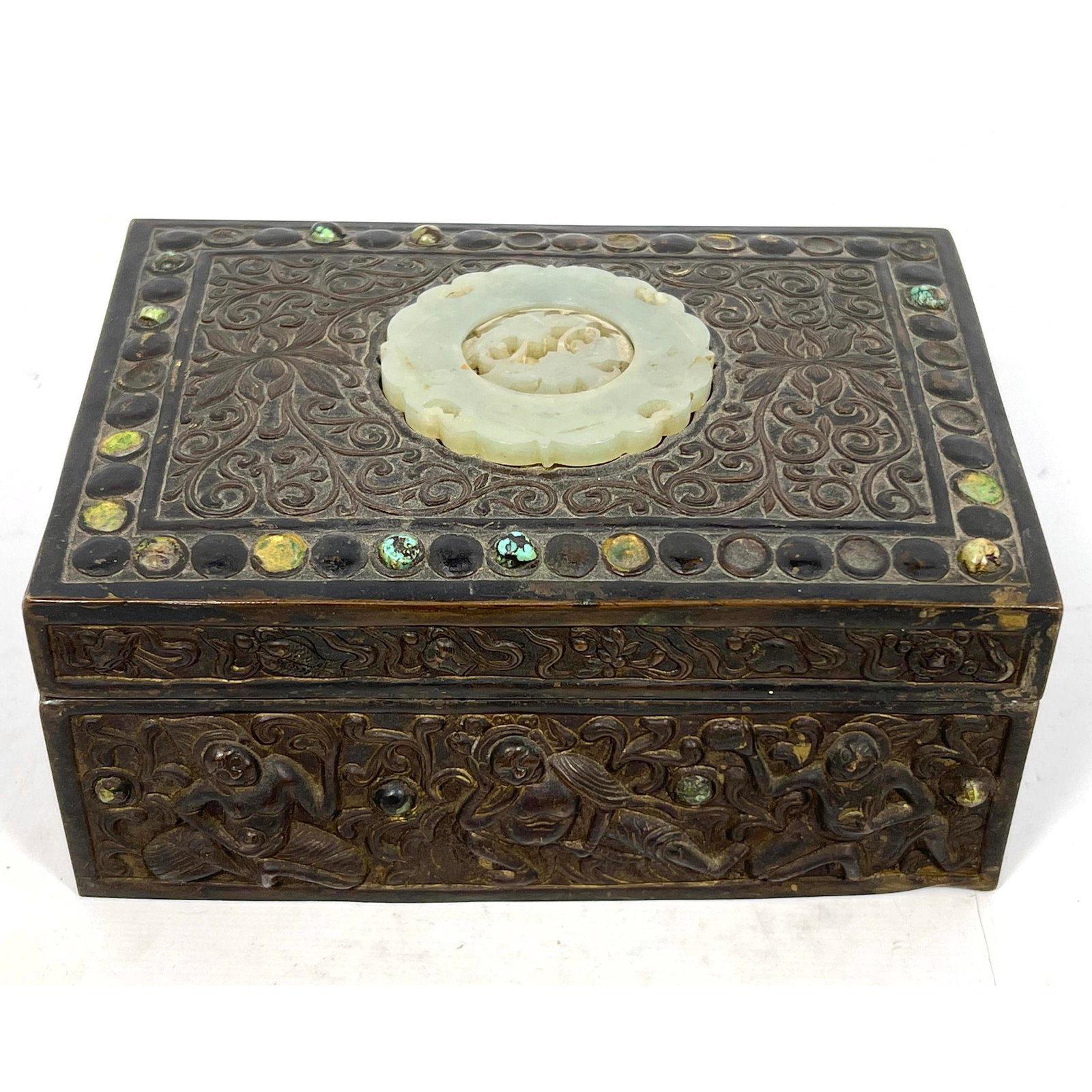 Chinese Metal Box with Applied Jade Medallion.: Chinese Metal Box with Applied Jade Medallion. Dimensions: Height: 3 inches, Width: 6.25 inches, Depth: 4.25 inches. --- US Packing and Shipping charge: In house shipping available. Will be calculated