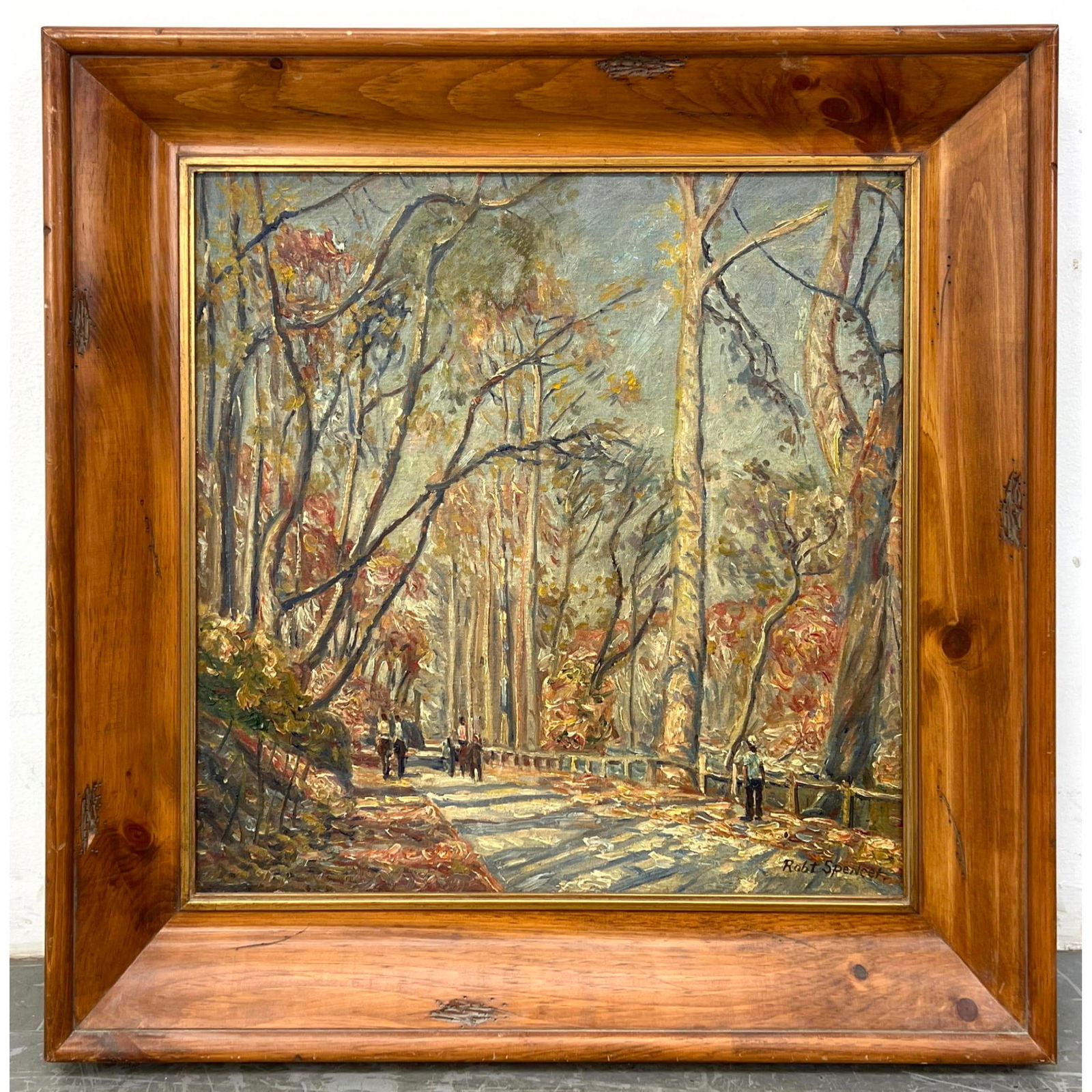 Robert Spencer Painting On Canvas. Wooded walk. Bucks County Impressionist.: Robert Spencer Painting On Canvas. Wooded walk. Bucks County Impressionist. Dimensions: Frame Height: 32 inches, Frame Width: 32.5 inches, Depth: 3 inches. - Image Size: Image Height: 23.5 inches, Ima