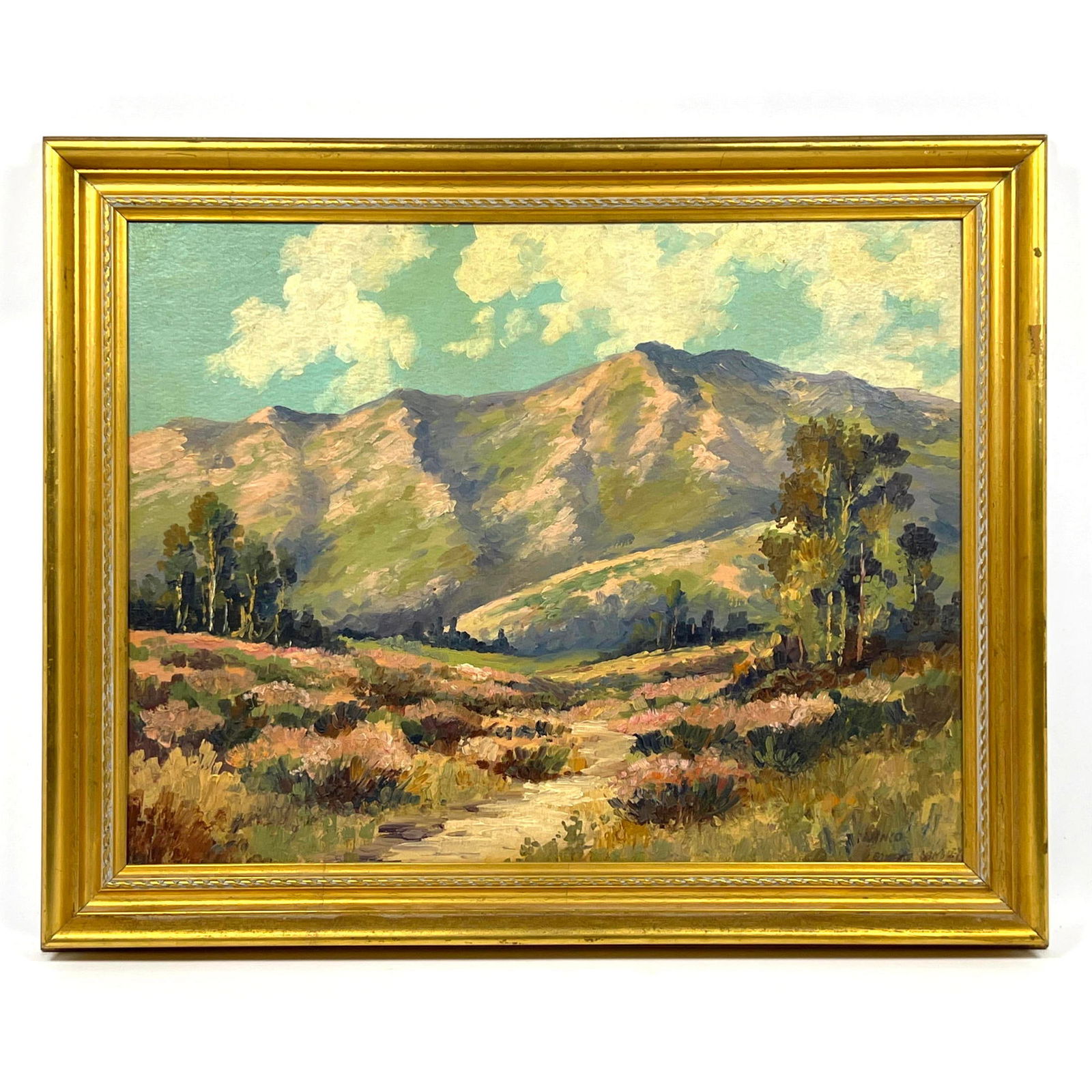Signed Vintage Oil Landscape Painting. Illegible. signature (EDWARD ???)  Partial exhibition label. (1 of 8)
