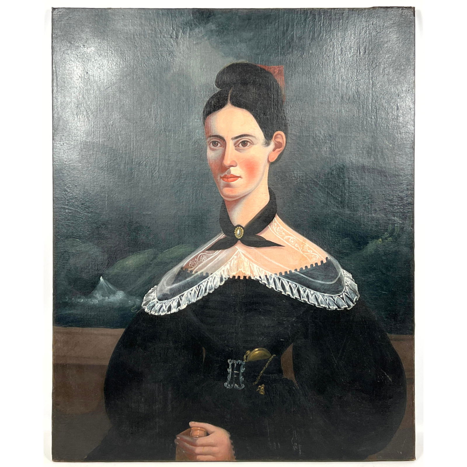 19th century portrait of woman with sheer collar, oil on canvas. Possibly John Samuel Blunt. (1 of 10)