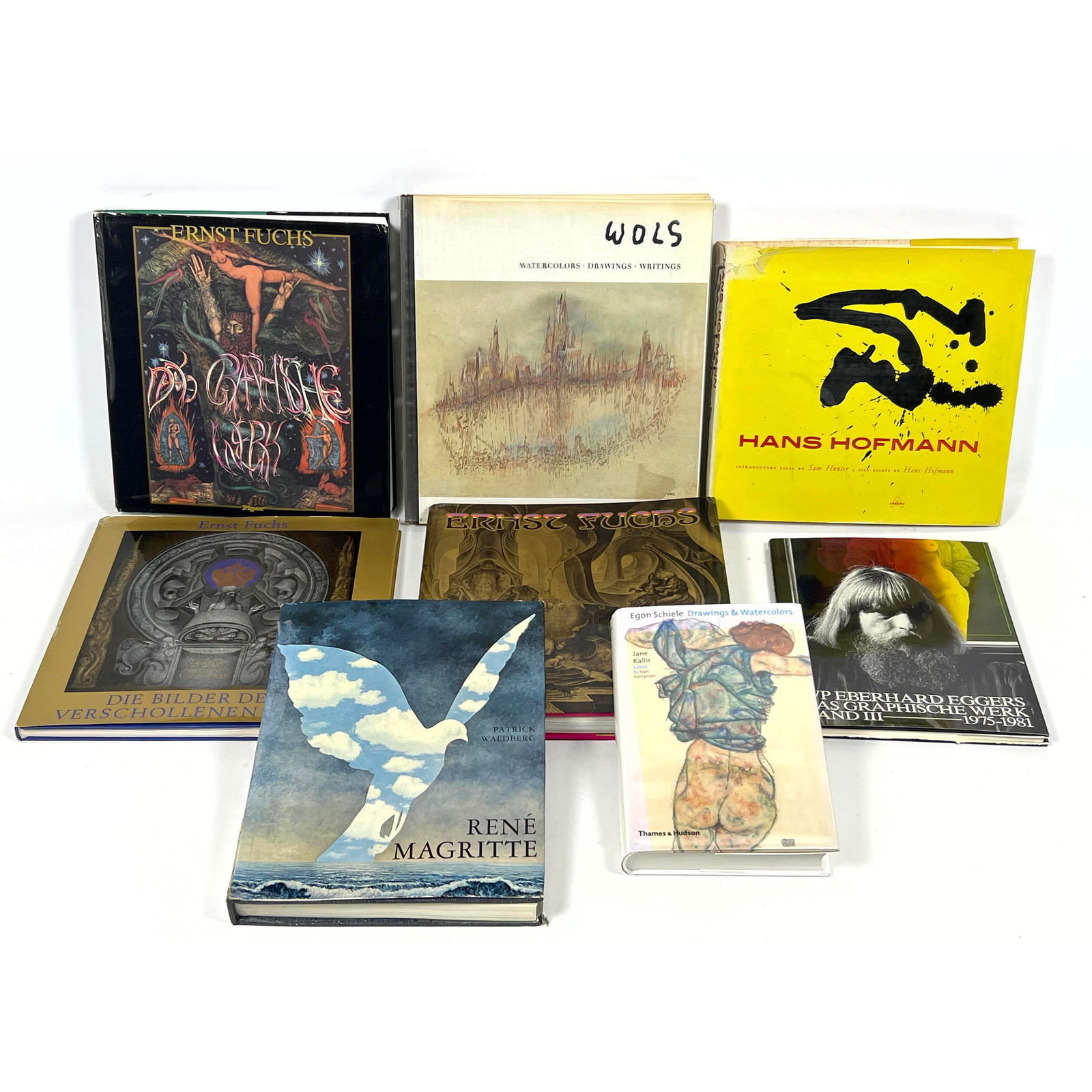 8pcs Art Books. Ernst Fuchs, Eggers, Hans Hofmann, Wols, Egon schiele, Magritte.: 8pcs Art Books. Ernst Fuchs, Eggers, Hans Hofmann, Wols, Egon schiele, Magritte. Dimensions: Height: 13 inches, Width: 12 inches, Depth: 1 inches. --- US Packing and Shipping charge: In house shipping