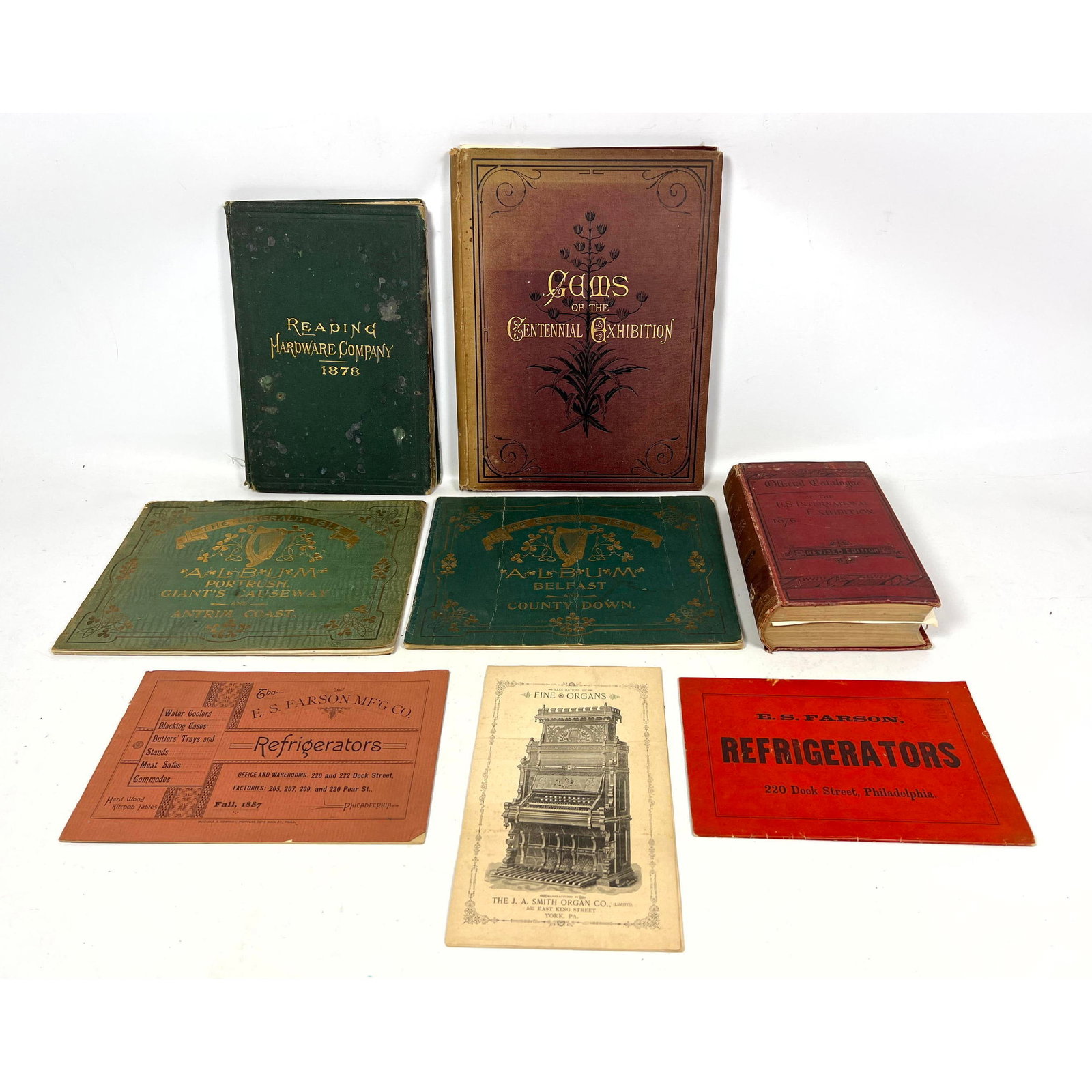 8pc Ephemera Lot. Gems of Centennial Exhibition, Refrigerators Pamphlet, Official catalogue U.S. int: 8pc Ephemera Lot. Gems of Centennial Exhibition, Refrigerators Pamphlet, Official catalogue U.S. international exhibition, 1878 Reading Hardware Company, Trade cards album, Fine Organs. Dimensions: He