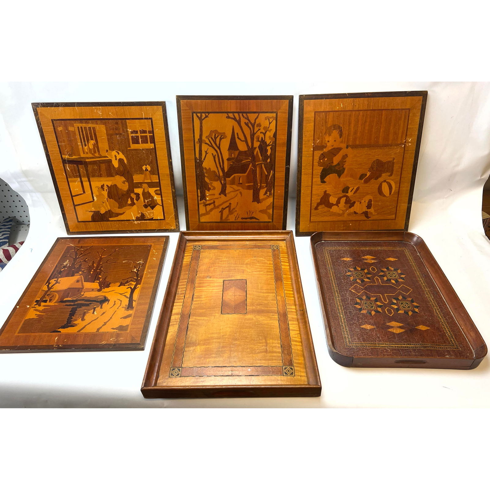 6pcs Inlaid Wood Plaques and Trays. Marquetry. Unsigned. (1 of 14)
