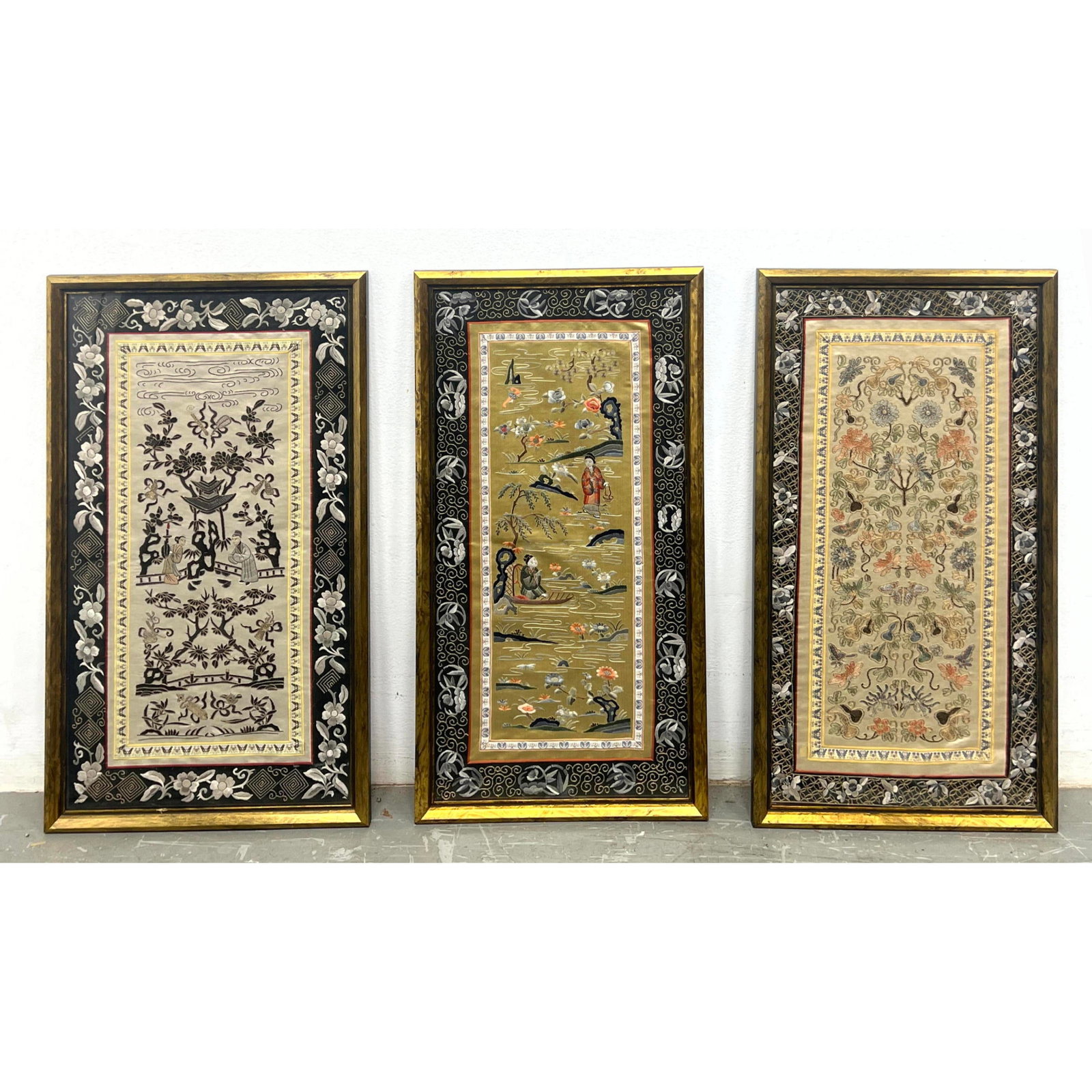 3pc Silk embroidered Chinese Panels. Framed. (1 of 13)