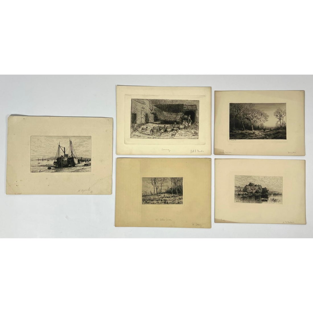 5pc Vintage Engravings. N YORK Sailboats. H FARRAR "The Feeled Tree". J.A.S. MONKS "Evening" Shepher: 5pc Vintage Engravings. N YORK Sailboats. H FARRAR "The Feeled Tree". J.A.S. MONKS "Evening" Shepherd and Sheep. A.F. BELLOWS Water Landscape. Dimensions: Frame Height: 6 inches, Frame Width: 9 inches