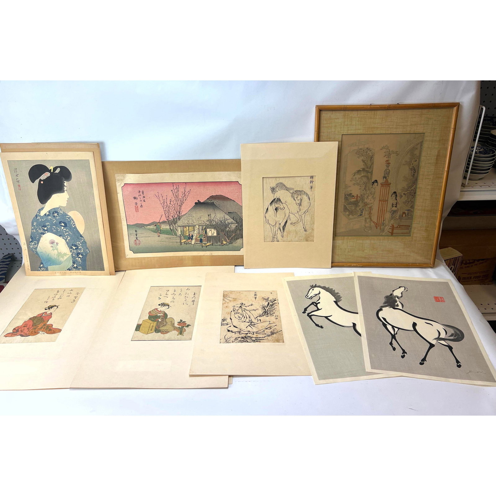 9pc Asian block prints. Antique. Horses. Geisha. Landscape with Thatched Roof.  Geisha with Thistle (1 of 19)
