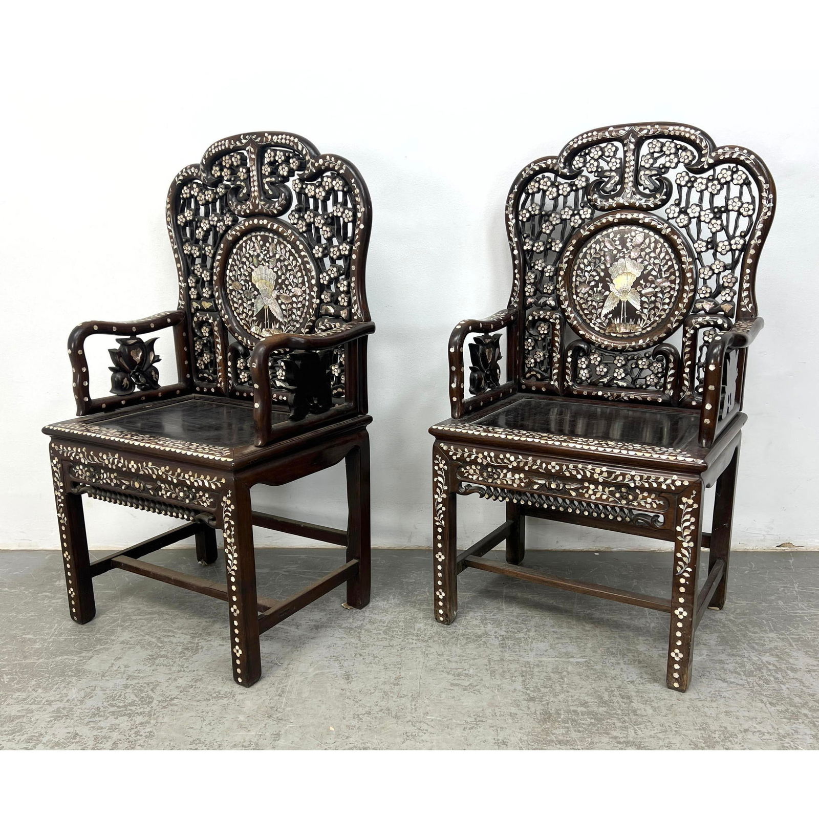 Pr Eastern Fancy Carved Wood Arm Chairs. Mother of Pearl Inlay designs. Central medallion with MOP B (1 of 20)