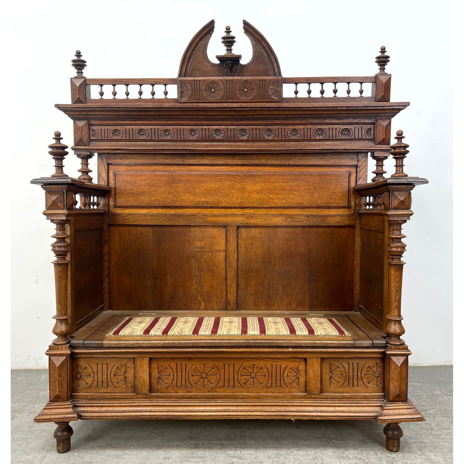 Antique Victorian Elaborate Carved Oak Bench. Upholstered Seat Lifts for Storage. (1 of 17)