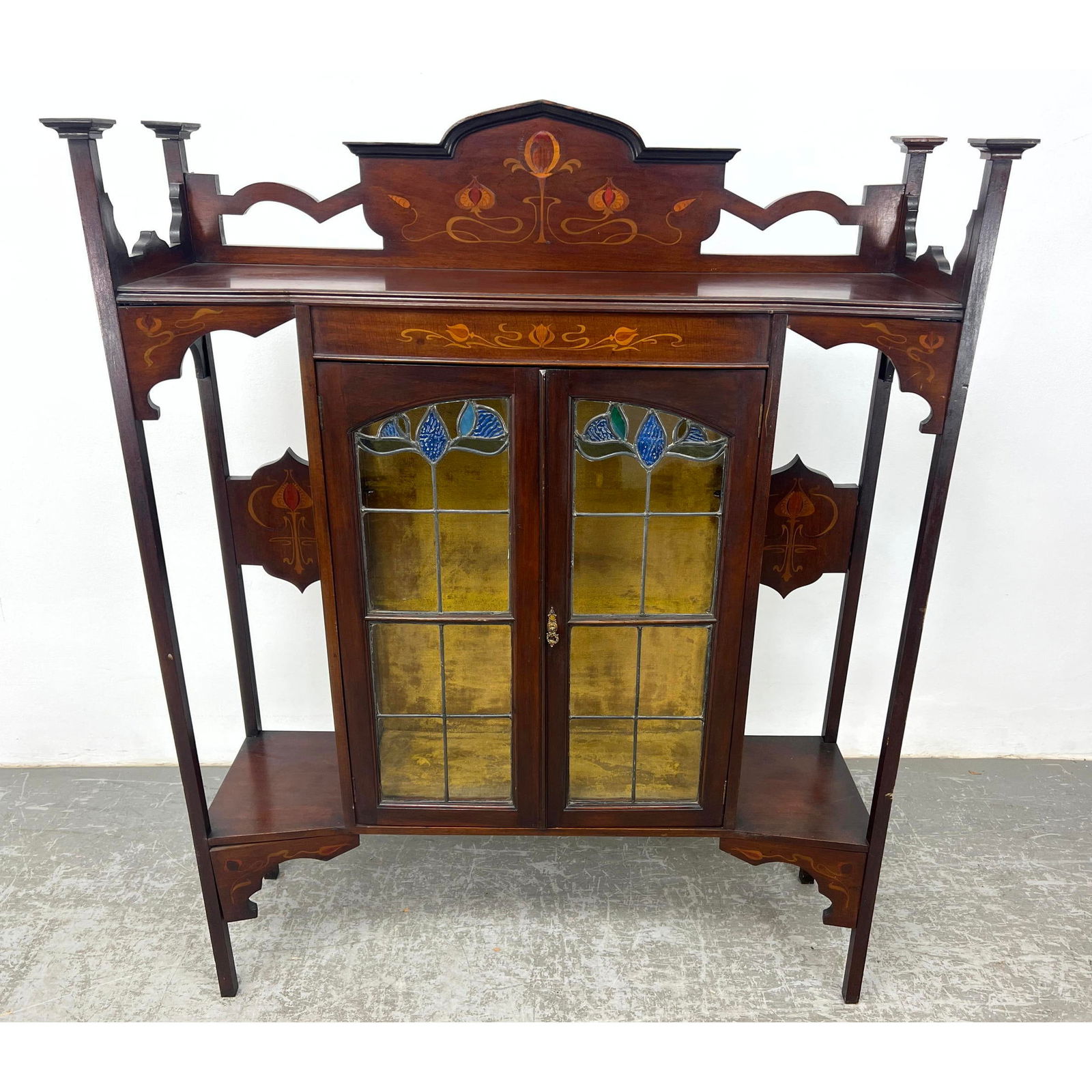 Antique Art Nouveau Display Curio Cabinet with Leaded Glass Doors.  Floral Inlay. (1 of 14)