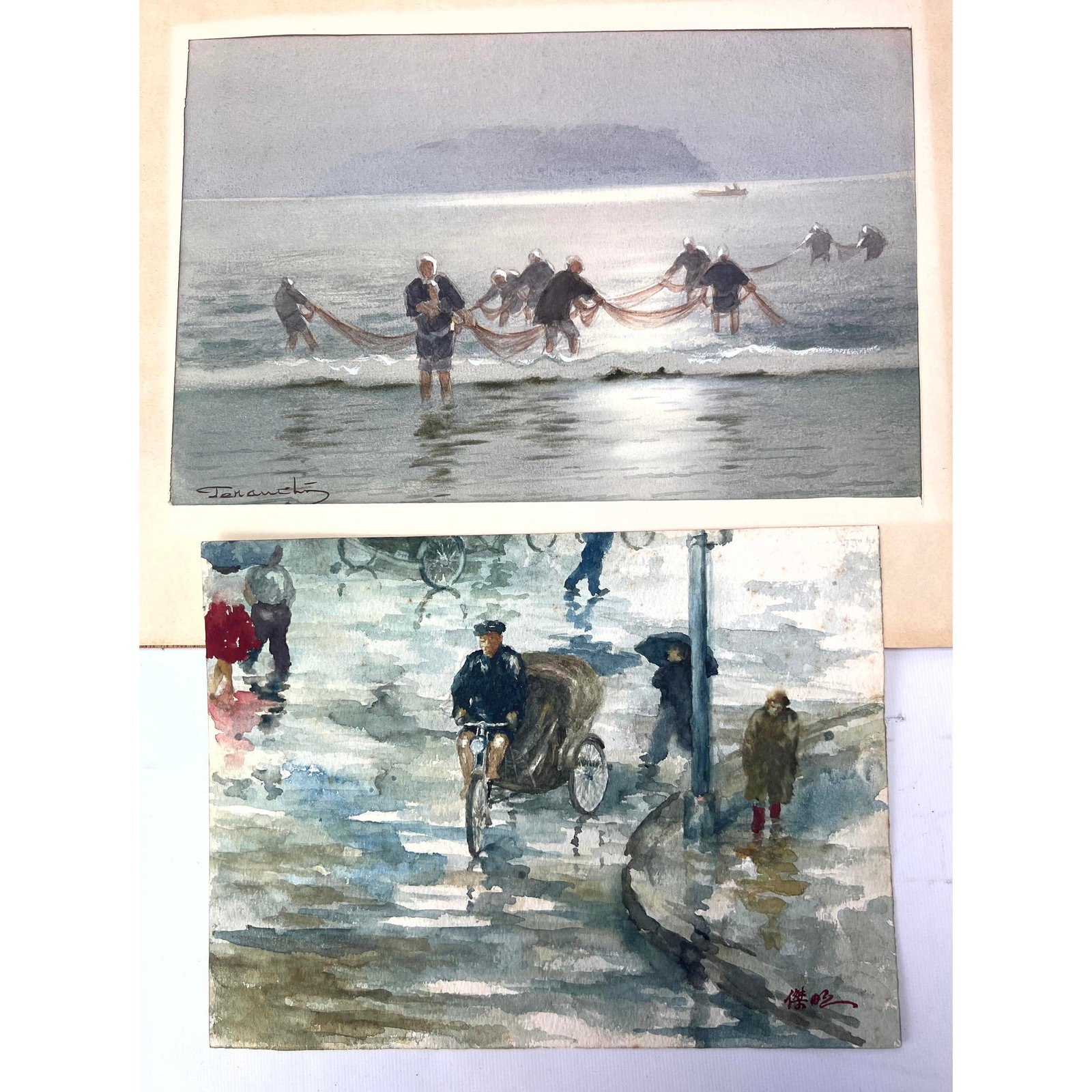 2pc Asian Watercolor Paintings. One is FUKUTARO TERAUCHI Watercolor painting. Signed. Other is signe: 2pc Asian Watercolor Paintings. One is FUKUTARO TERAUCHI Watercolor painting. Signed. Other is signed illegibly. Dimensions: Frame Height: 12 inches, Frame Width: 17.5 inches. - Image Size: Image Heig