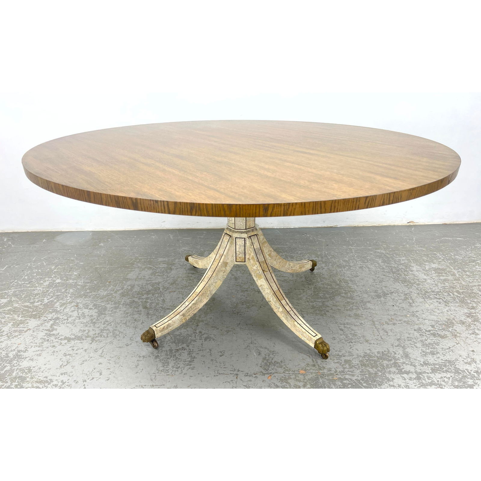 Baker Round Dining Table. Clean Oak Top. Tessellated Stone Pedestal Base. Splayed Legs with Brass Pa (1 of 13)