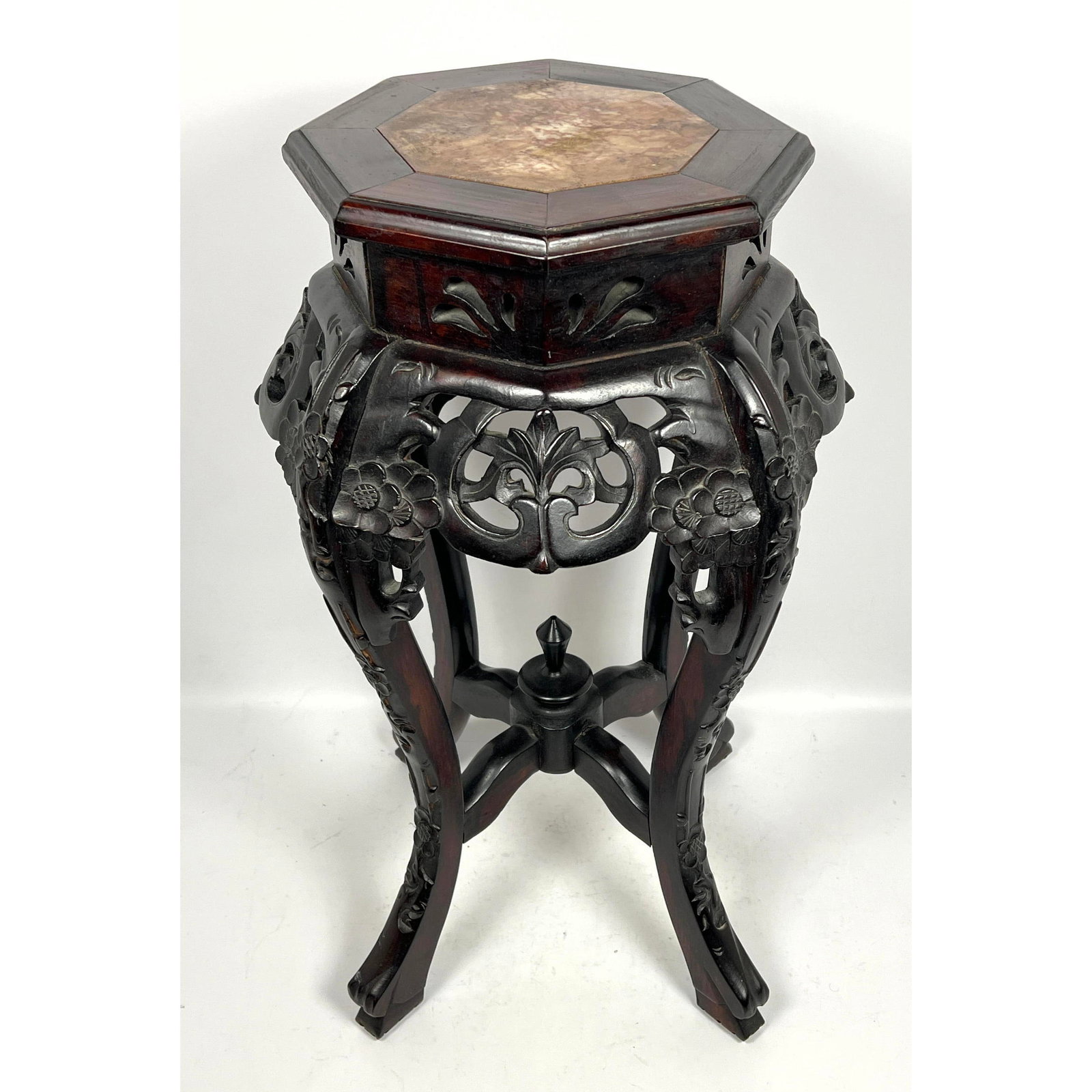 Chinese Hardwood Plant Stand Table with Inset Marble. Carved. (1 of 4)