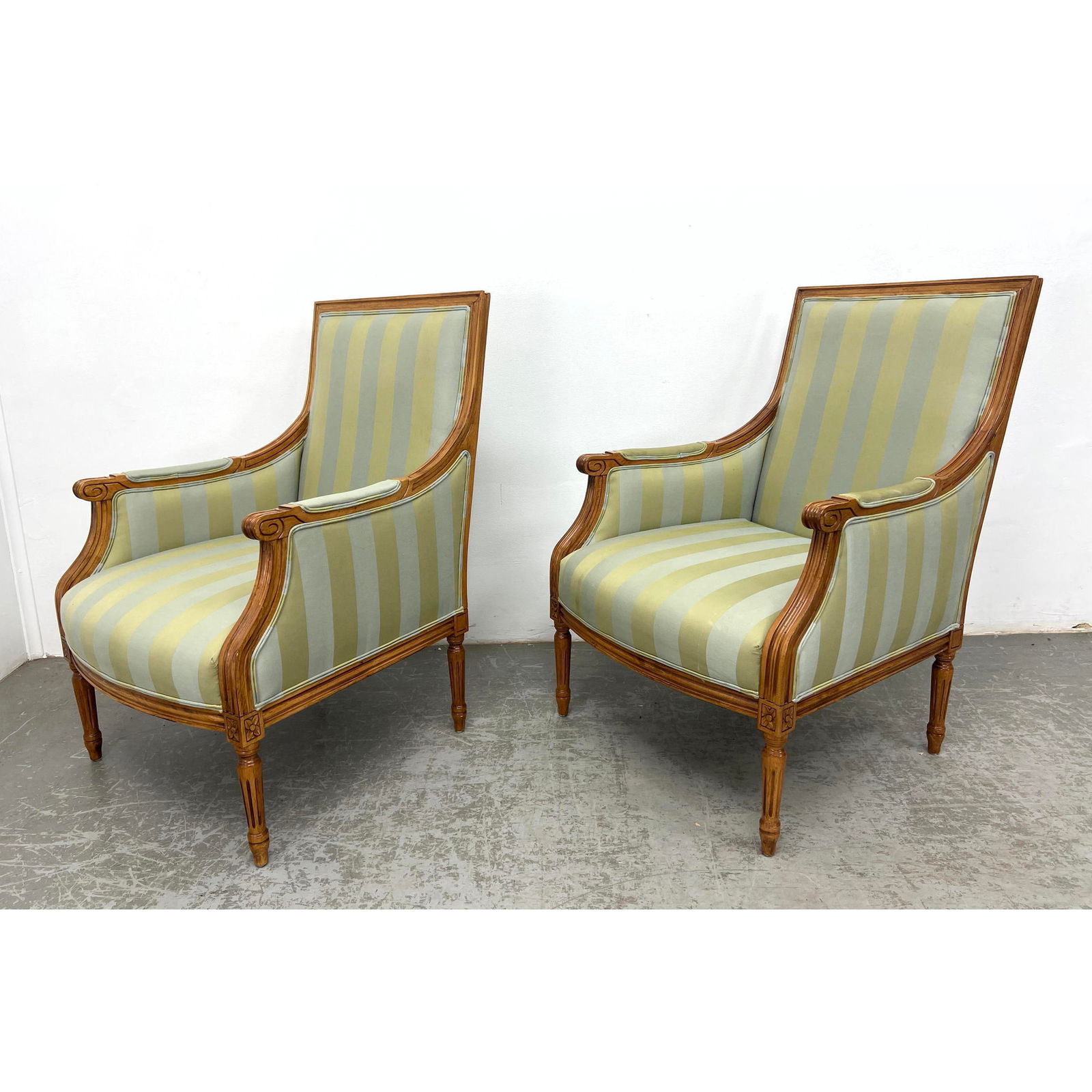 Pair French Louis XVI Style Lounge Arm Chairs.: Pair French Louis XVI Style Lounge Arm Chairs. Dimensions: Height: 38.5 inches, Width: 26.5 inches, Depth: 31.5 inches. - Seat Height: 16 inches --- - We offer curbside delivery for most items to NYC,