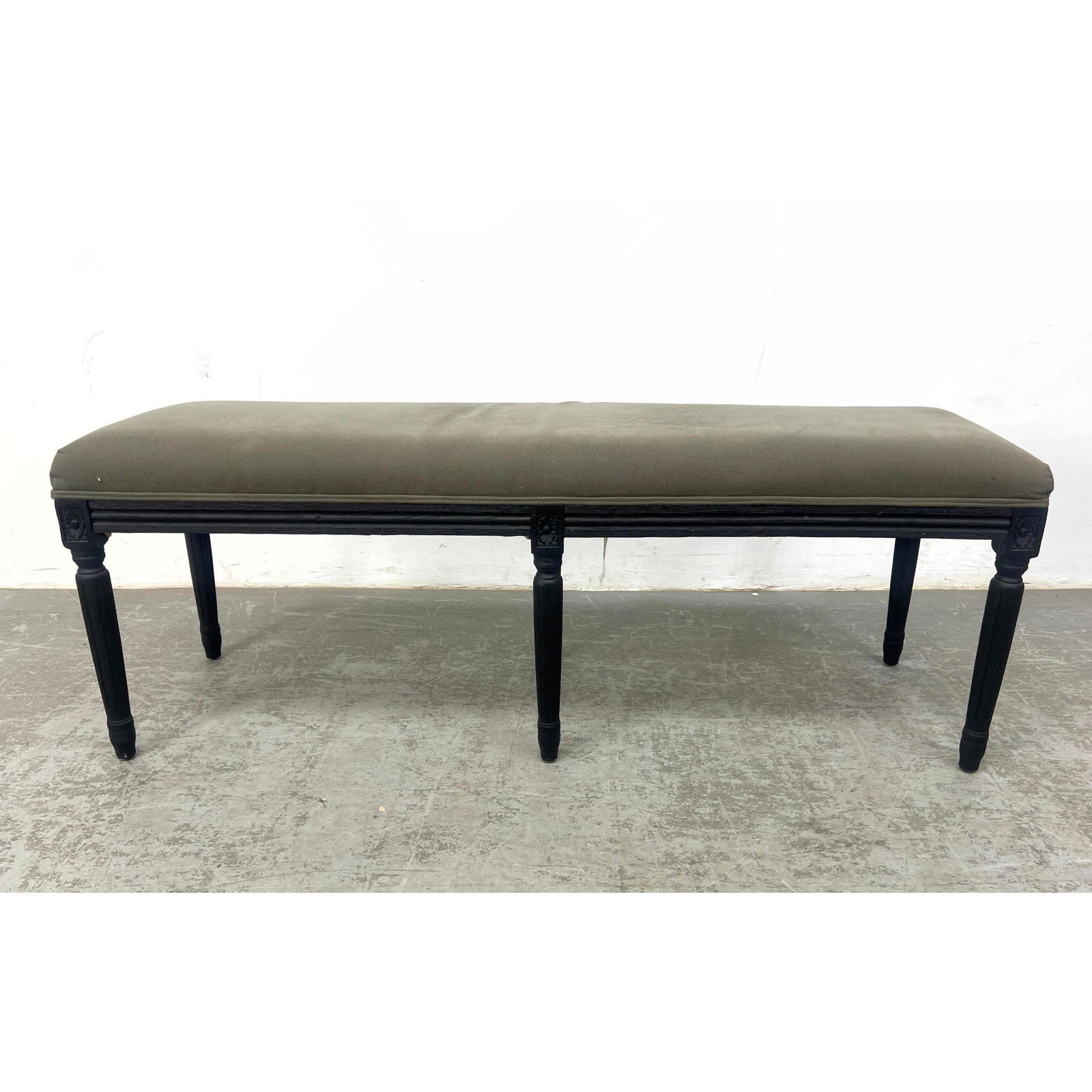 RESTORATION HARDWARE  Ebonized Upholstered Bench. Tab Poplin Fabric. Label. (1 of 10)