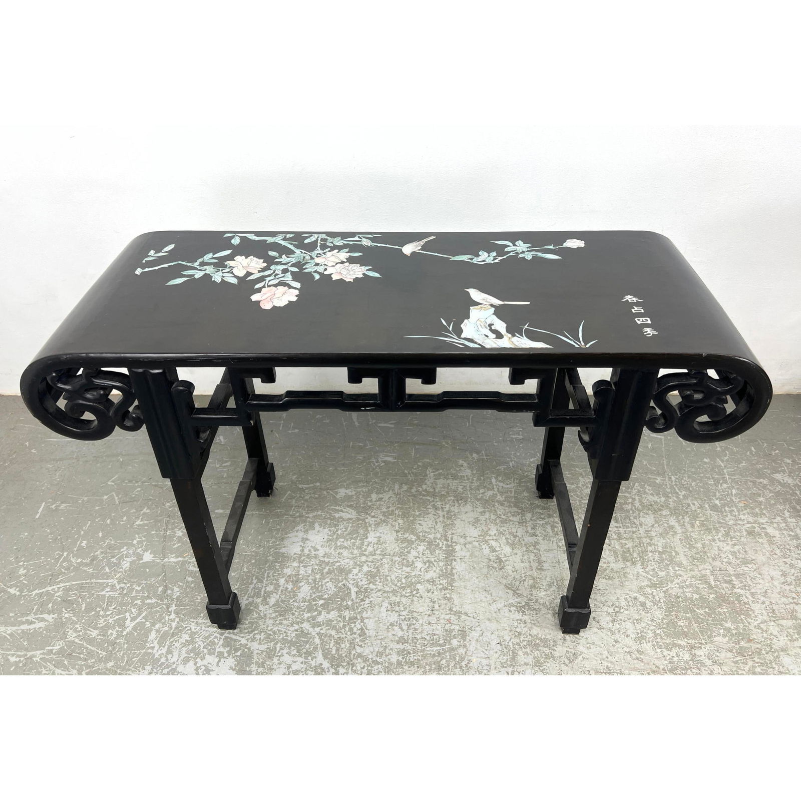 Asian Ebonized Wood Console Hall table. Inlaid Floral Branch and Bird Motif. Decorative Carved Skirt (1 of 7)