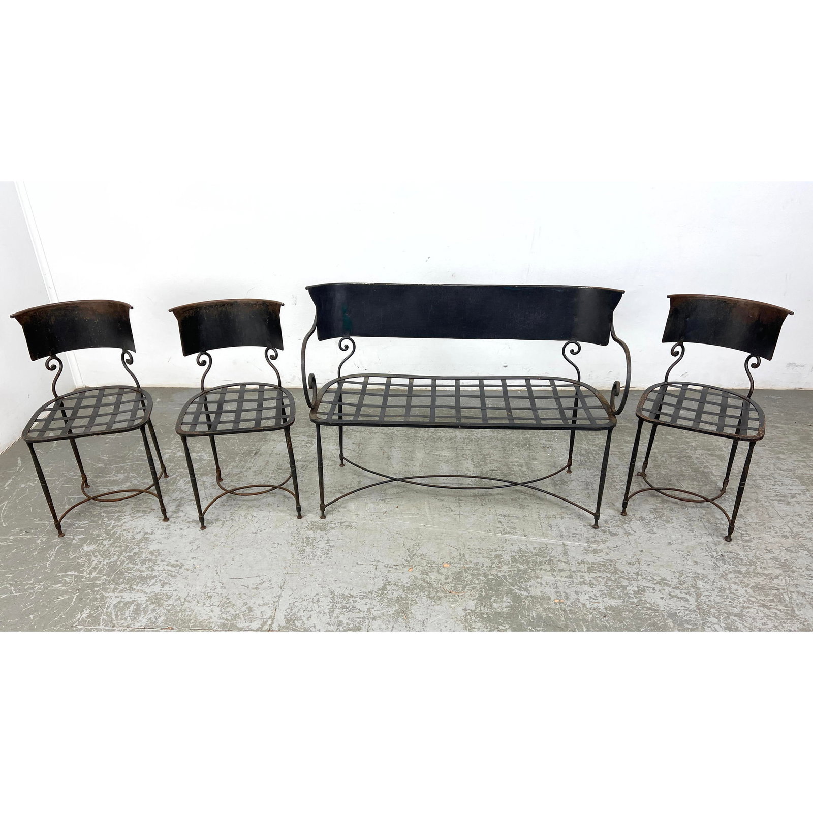 4pc Iron Garden Bench 3 Side Chairs. Full Back. Lattice Grid Seats. Scroll details. Outdoor, Patio, (1 of 19)