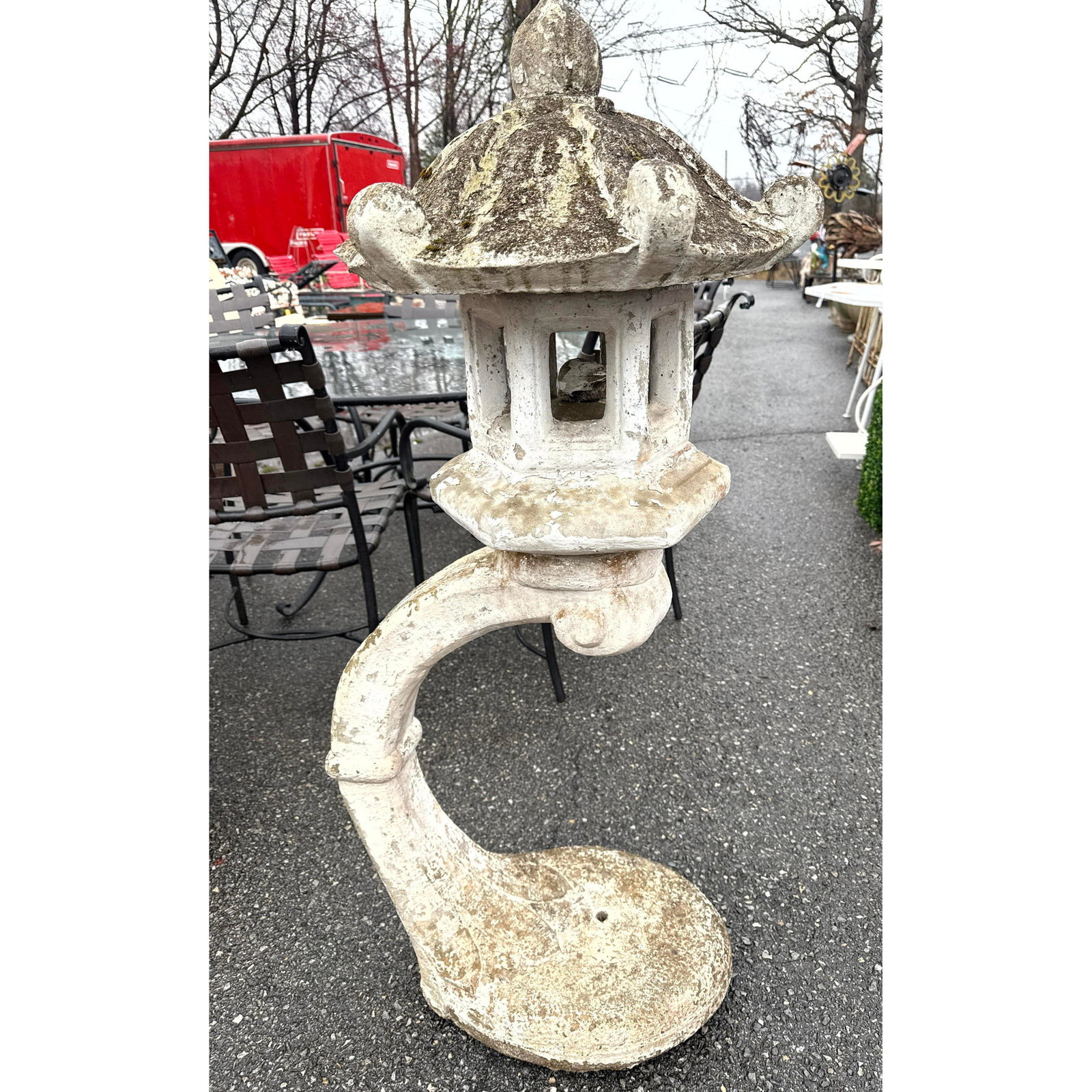 Asian style Lantern Garden Ornament. 3 Pieces. Lantern with Decorative Cap rests on Curved Pedestal: Asian style Lantern Garden Ornament. 3 Pieces. Lantern with Decorative Cap rests on Curved Pedestal Base. Outdoor, Lawn, Patio. Dimensions: Height: 49 inches, Width: 22 inches, Depth: 26 inches. --- -