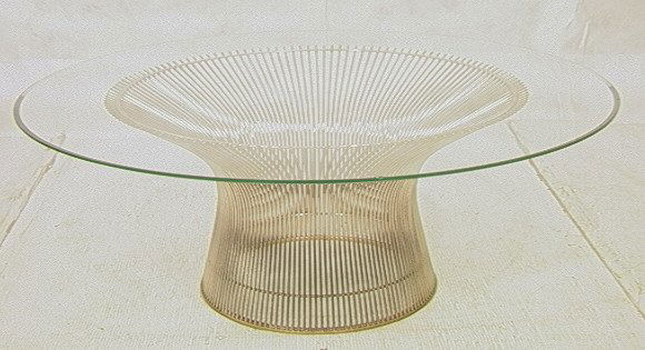 WARREN PLATNER Chrome Base Cocktail Table. Round: WARREN PLATNER Chrome Base Cocktail Table. Round Coffee Table with Glass Top. Corseted Chrome Rod Base.-- Dimensions: H: 15 inches: W: 42 inches ---