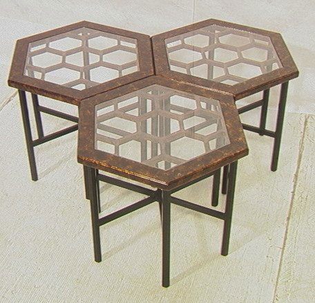 3pcs JOHN WIDDICOMB Hexagonal Side Tables. Honey: 3pcs JOHN WIDDICOMB Hexagonal Side Tables. Honeycomb with faux tortoise frames.-- Dimensions: H: 17 inches: W: 18.75 inches: D: 21.5 inches ---