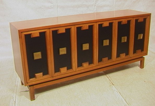 Rom Webber Style Credenza Sideboard Cabinet. Fau: Rom Webber Style Credenza Sideboard Cabinet. Faux leather doors. Brass hardware.-- Dimensions: H: 32.5 inches: W: 74 inches: D: 19 inches ---