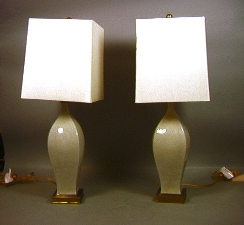 Pr CRACKLE EGG SHELL POTTERY Table Lamps. Four si: Pr CRACKLE EGG SHELL POTTERY Table Lamps. Four sided ceramic on square brass base. Square fabric shade. -- Dimensions: H: 28 inches: W: 10 inches ---