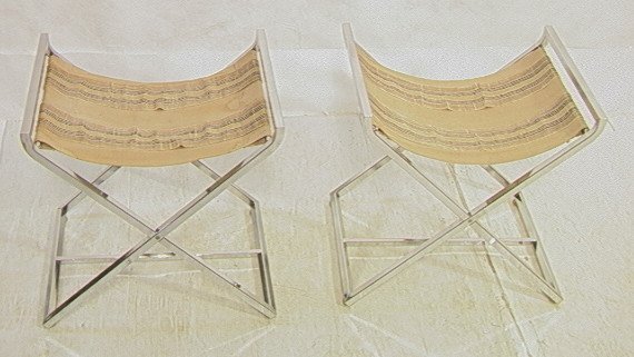 Pr Baughman style Thin Square Tubular Chrome X Stools: Pr Baughman style Thin Square Tubular Chrome X Stools Seats. Striped fabric seat. 2 pcs.-- Dimensions: H: 19 inches: W: 19.5 inches: D: 16 inches ---