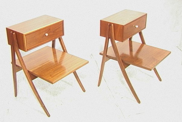 Pr American Modern Walnut Side Tables. DREXEL. Ni: Pr American Modern Walnut Side Tables. DREXEL. Night stands. Arched leg with one drawer over lower shelf. White porcelain knobs.-- Dimensions: H: 28.5 inches: W: 21.25 inches: D: 22 inches ---