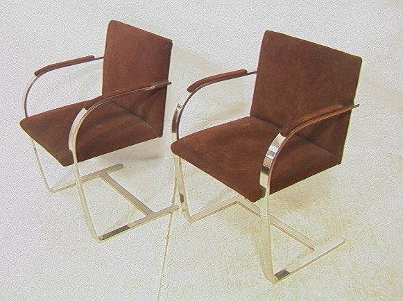 Pr Chrome BRNO Lounge Chairs. Brown Suede Upholst: Pr Chrome BRNO Lounge Chairs. Brown Suede Upholstery. Heavy flat chrome. 2 pcs-- Dimensions: H: 31 inches: W: 22.5 inches: D: 19 inches ---