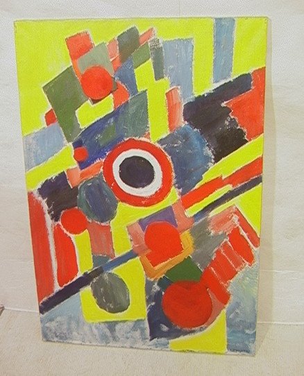 JACOB SEMIATIN Oil Canvas Painting. Bulls eye wit: JACOB SEMIATIN Oil Canvas Painting. Bulls eye with graphic primary colors. Signed.-- Dimensions: Image Size: H: 42 inches: W: 28 inches ---