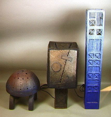 3 pcs ISABELLE LANCHON Papier Mache Table Lamps.: 3 pcs ISABELLE LANCHON Papier Mache Table Lamps. American Craft Studio Lighting. One blue mushroom form on arched legs. One cobalt blue tall tower. One stitched box on square column base. All signed.-