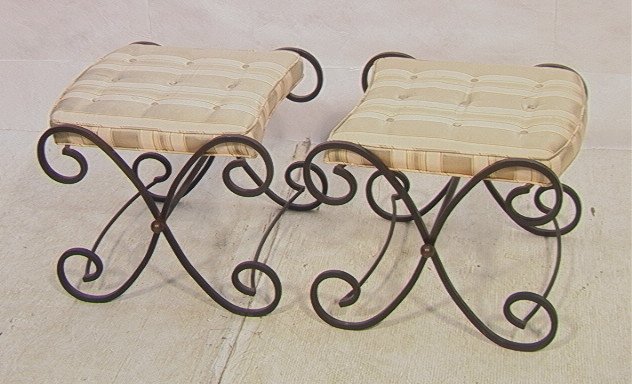 Pr Black Iron Decorator X Base Stools. Striped up: Pr Black Iron Decorator X Base Stools. Striped upholstered cushion top. -- Dimensions: H: 17.25 inches: W: 20 inches: D: 20.5 inches ---